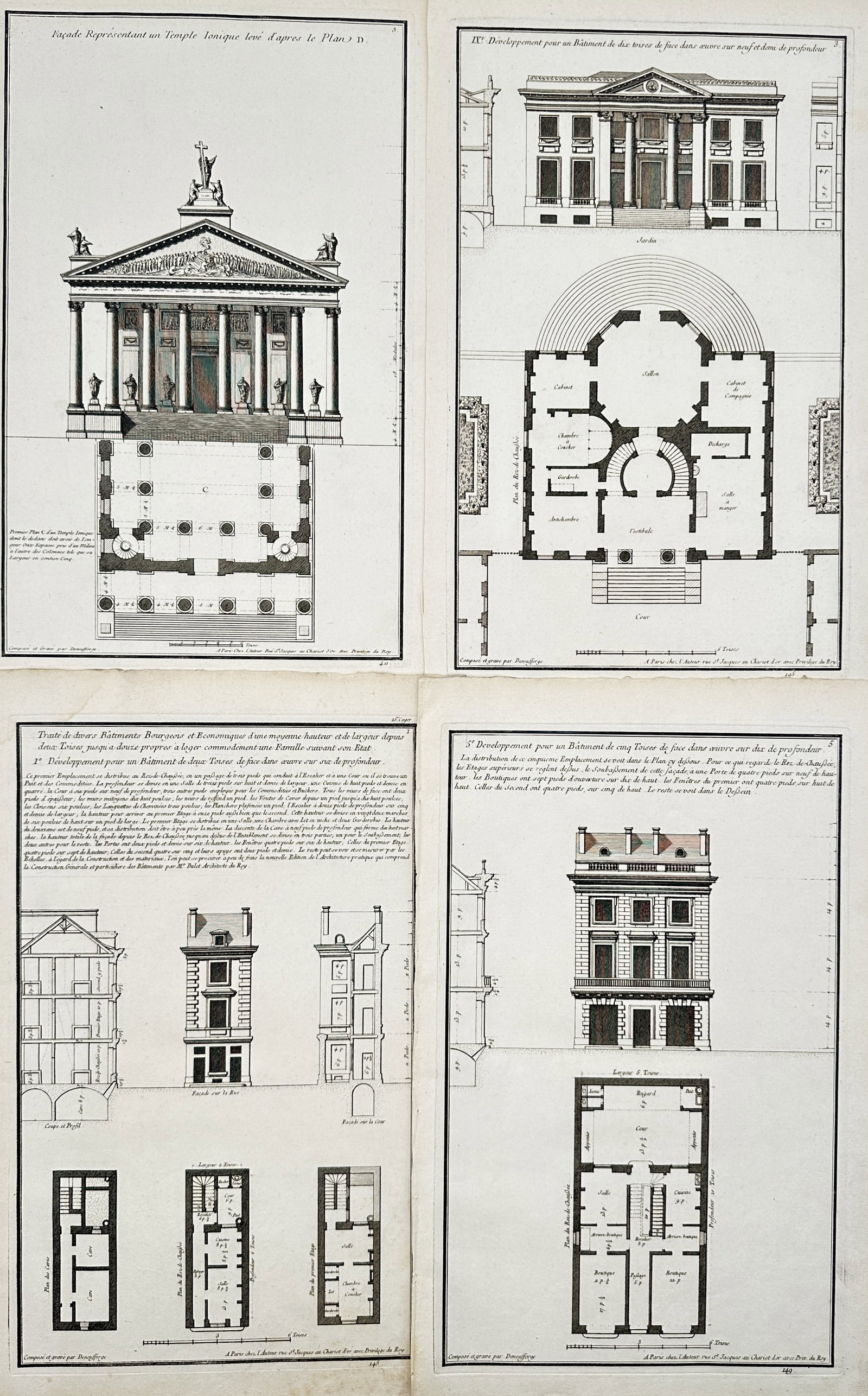 Jean-François de Neufforge – Set of 4: Architectural Designs and Floor Plans – Engravings: "Facade Representing an Ionic Temple" presents a collection of architectural engravings detailing neoclassical elevations, cross-sections, and corresponding floor plans for public and residential stru