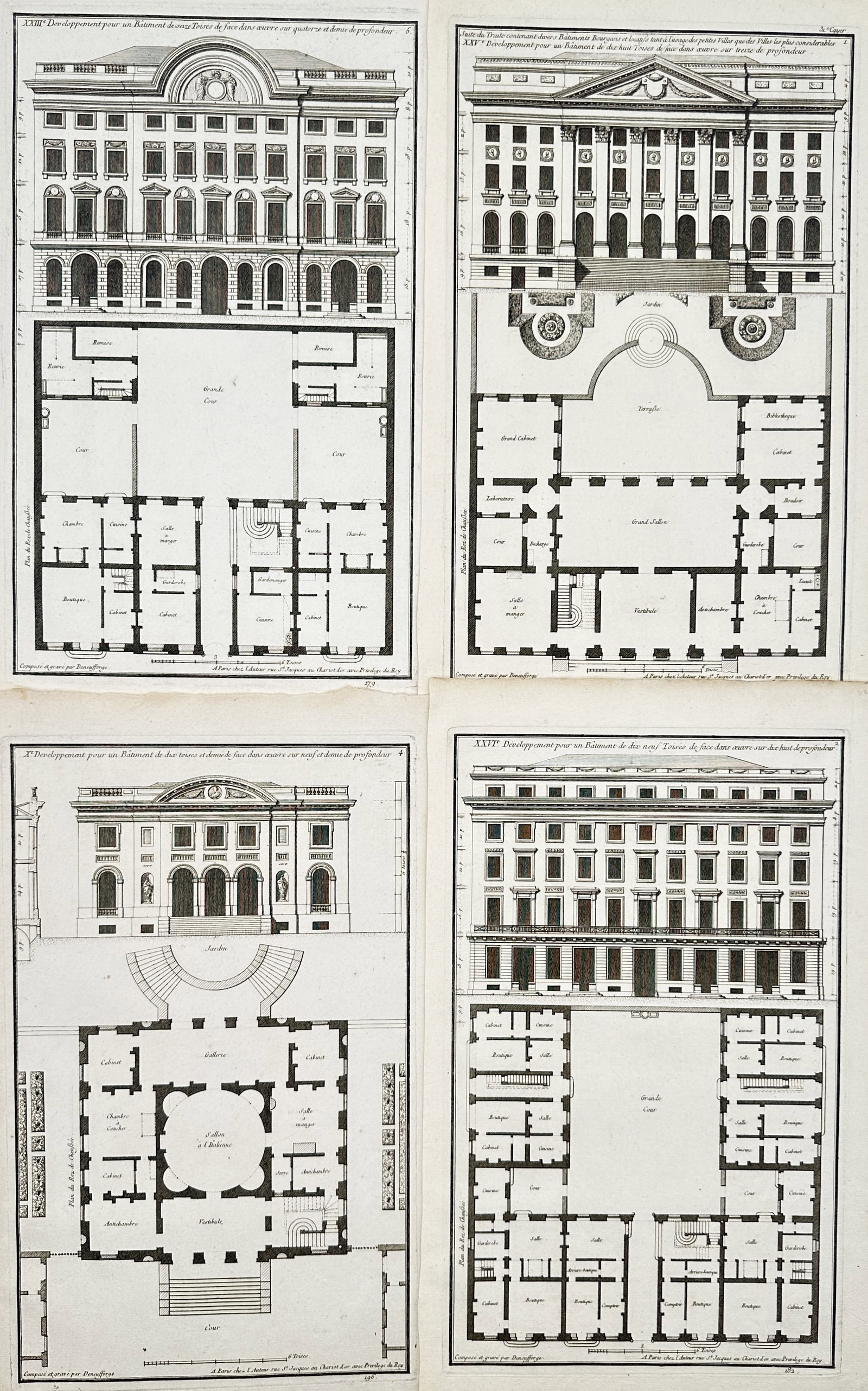 Jean-François de Neufforge – Set of 4: Architectural Elevations and Layout Designs – Engravings (1 of 2)