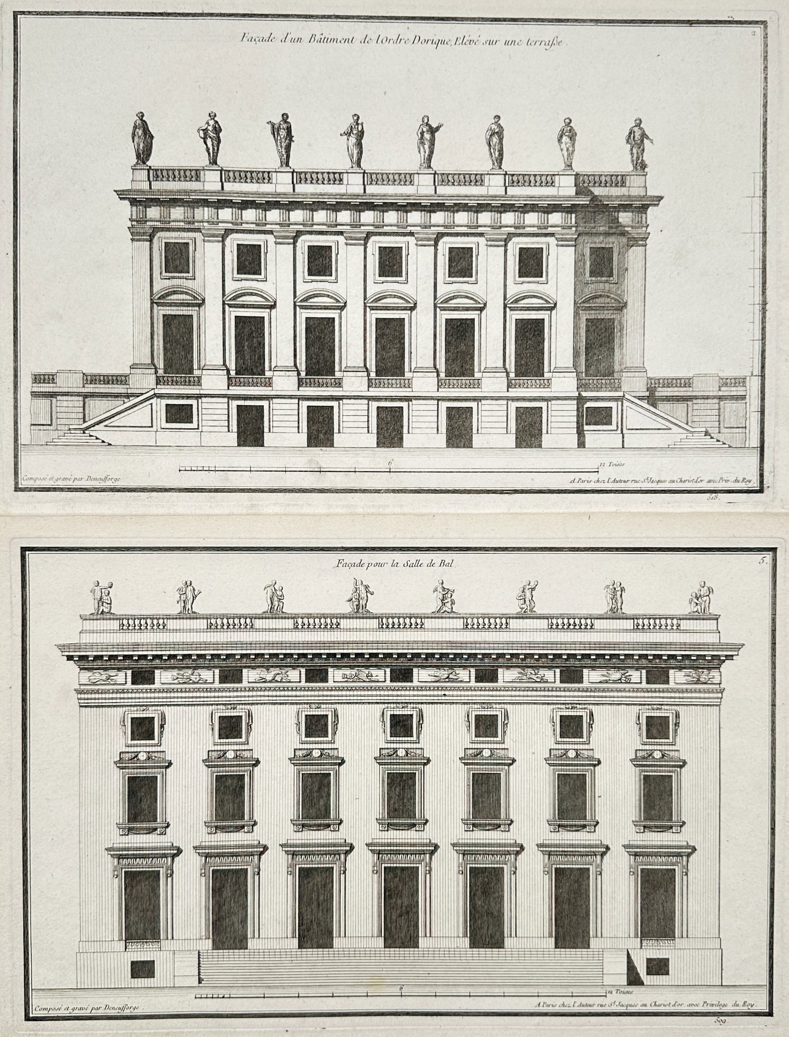 Jean-François de Neufforge – Set of 2: Architectural Facade Designs for a Doric Building (1 of 2)