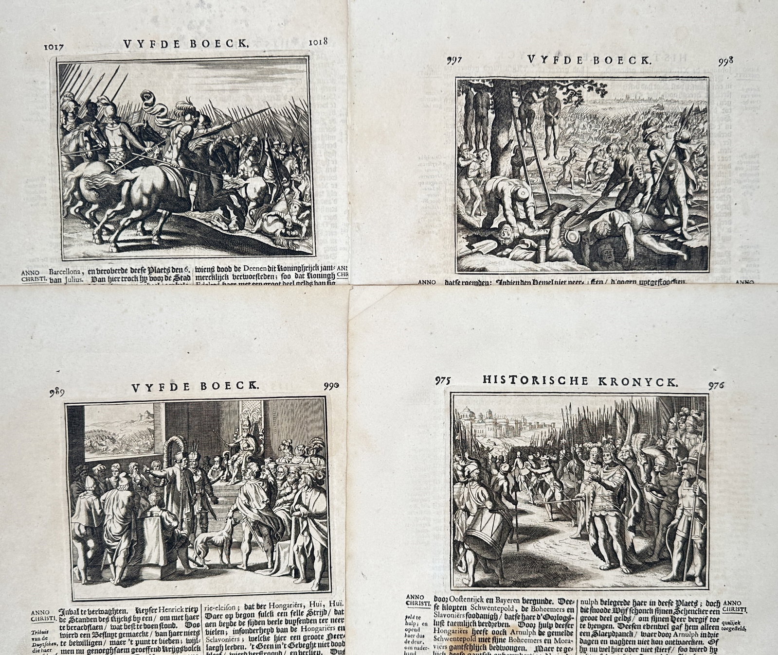 Johann Ludwig Gottfried – Set of 4: Narrative Chronicles of Historical Battles and State: "Historische Kronyck" details a series of historical text pages incorporated with narrative illustrative prints depicting biblical events and antiquity chronicles. The broad compositions display an ar