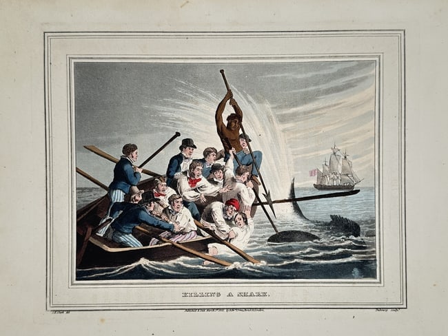 John Heaviside Clark (c. 1771–1863) – Killing a Shark – Hand-coloured aquatint (1813) (1 of 2)