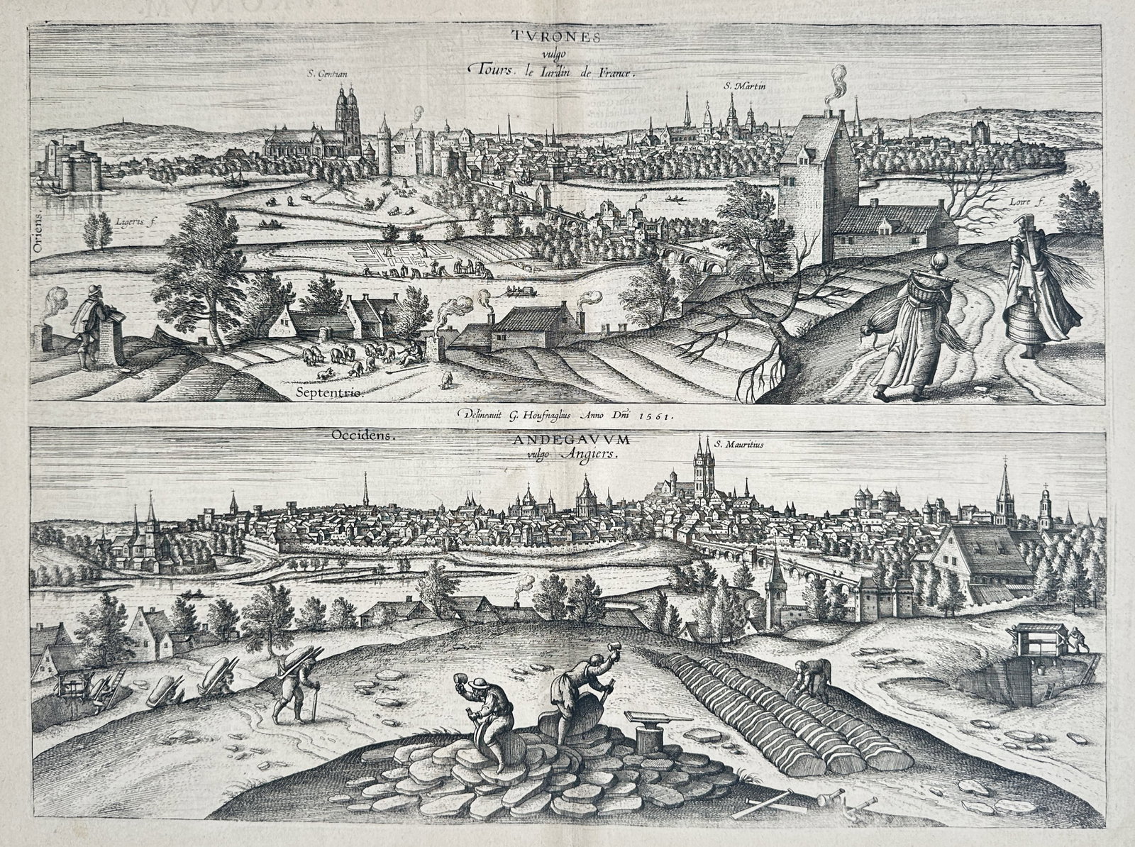 Frans Hogenberg – Map of Tours and Angers – France – Engraving (16th Century): "Turones Vulgo Tours" presents a topographical view of the French cities of Tours and Angers divided into two horizontal panoramic vistas that depict historical architecture, sprawling waterways, and 