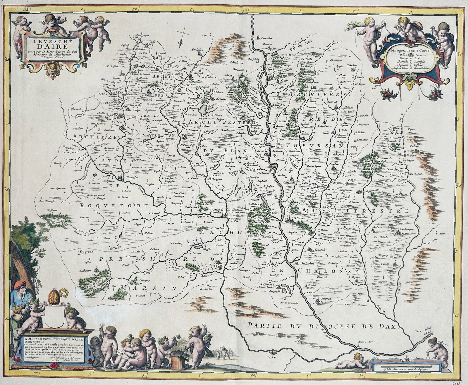 Pierre Du Val – Map of Aire – France – Engraving (17th Century): "Levesche Daire" presents a detailed hand-colored geographical mapping of the historical Diocese of Aire showing its regional topography, complex waterways, dense forests, and internal administrative 