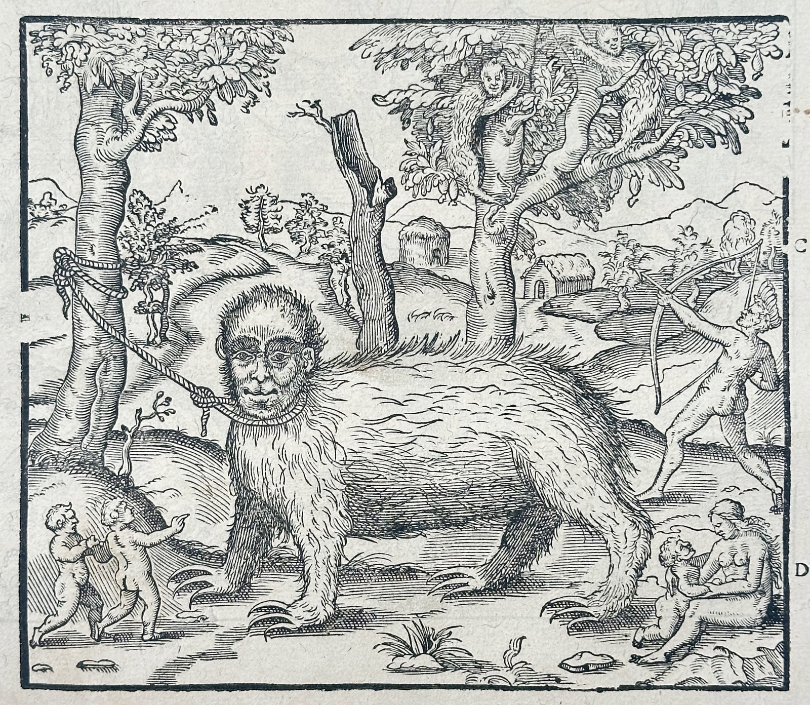 Ambroise Pare – Monstrous Beast – Engraving (16th Century): "Ving-Cinqviesme Livre" presents an early natural history illustration depicting a mythical quadrupedal beast with a human-like face restrained securely by a rope within a wooded landscape populated b