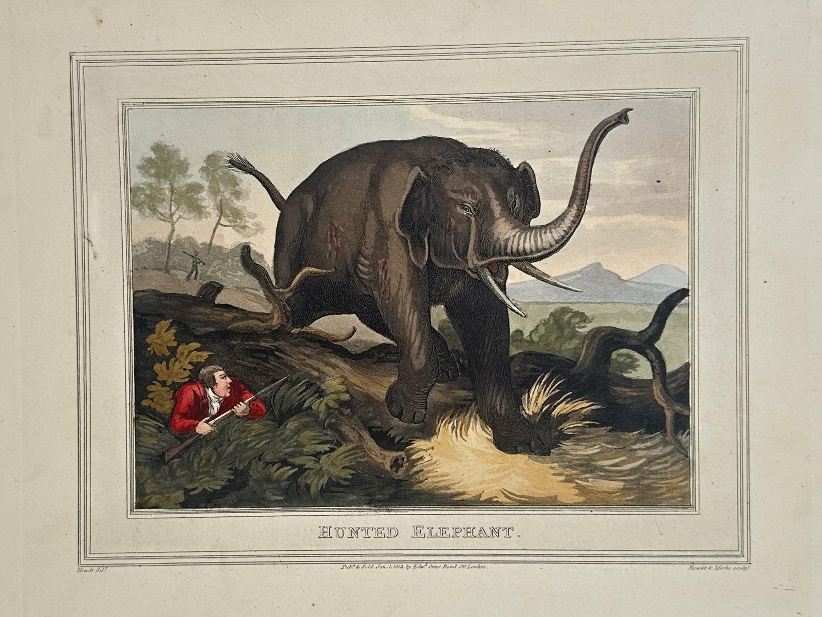 Samuel Howitt – Hunted Elephant – Hand-coloured aquatint (1813) (1 of 3)