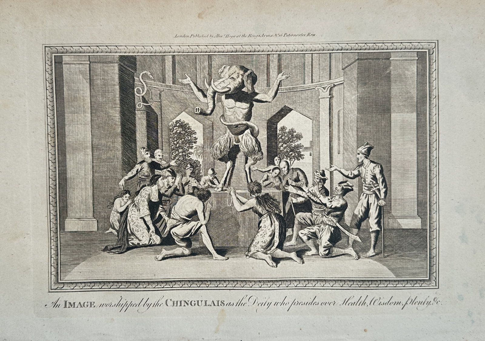 Alexander Hogg – Image Worshipped by the Chingulais – Engraving (18th Century): "An Image Worshipped by the Chingulais as the Deity Who Presides over Health, Wisdom, Plenty, Etc." presents a fascinating ethnographic depiction of a religious ritual showing a gathering of local dev