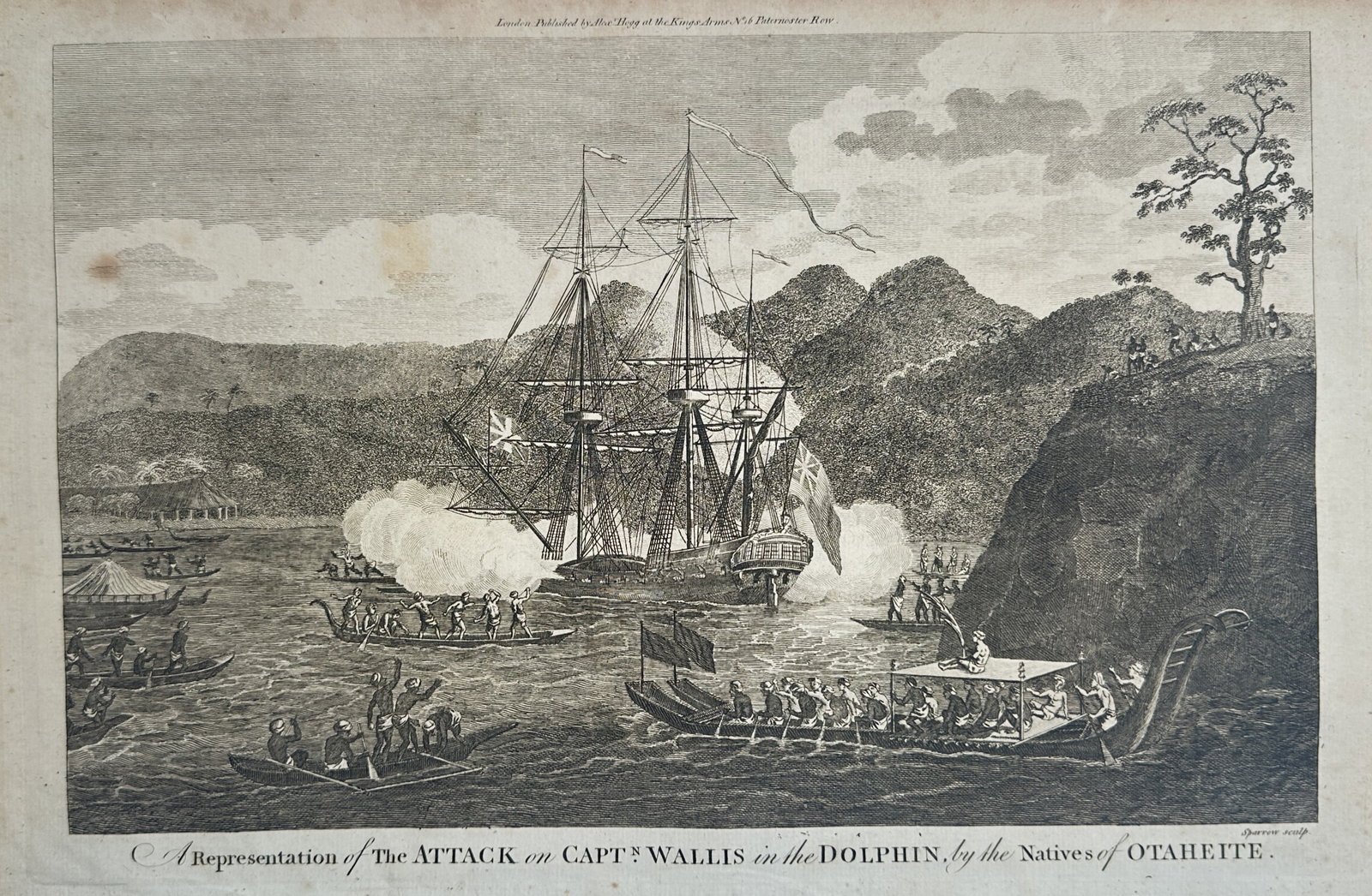 Alex Hogg – Attack on Captain Wallis in the Dolphin – Engraving (18th Century): "A Representation of the Attack on Captn Wallis in the Dolphin, by the Natives of Otaheite" presents a dramatic and high-stakes maritime encounter showing the large British sailing ship Dolphin comple