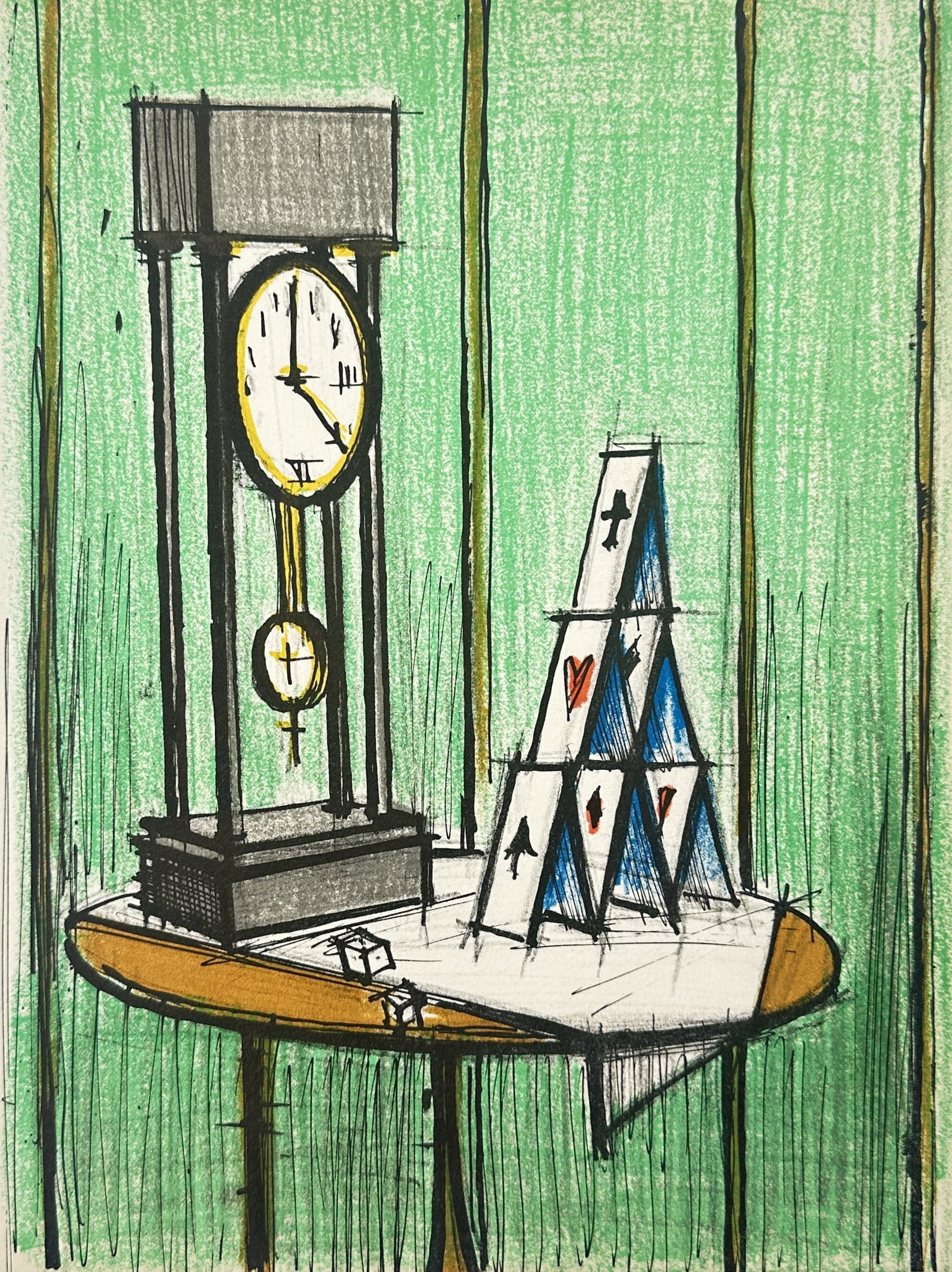Bernard Buffet – House of Cards – Original Lithograph (20th Century): "House of Cards" presents a compelling minimalist still life composition showcasing an elegant, classical pendulum clock paired alongside a delicately balanced pyramid of playing cards arranged upon a