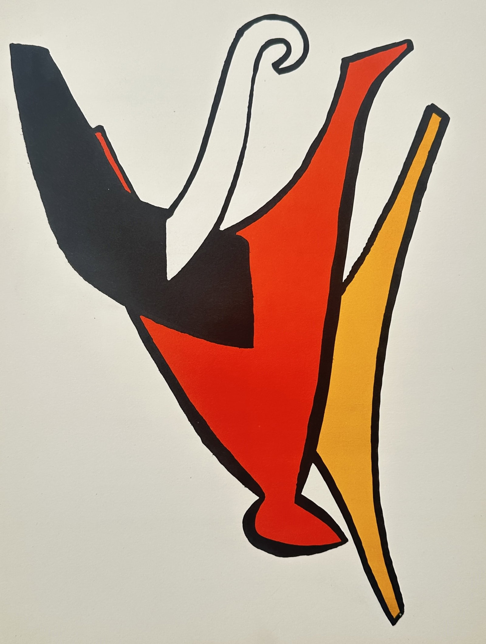 Alexander Calder – Composition for Derrière le Miroir – Original lithograph (20th Century): "Composition" presents a powerful abstract arrangement of bold, interlocking geometric and biomorphic forms rendered in a vibrant, reduced palette of deep red, bright yellow, and solid black against a