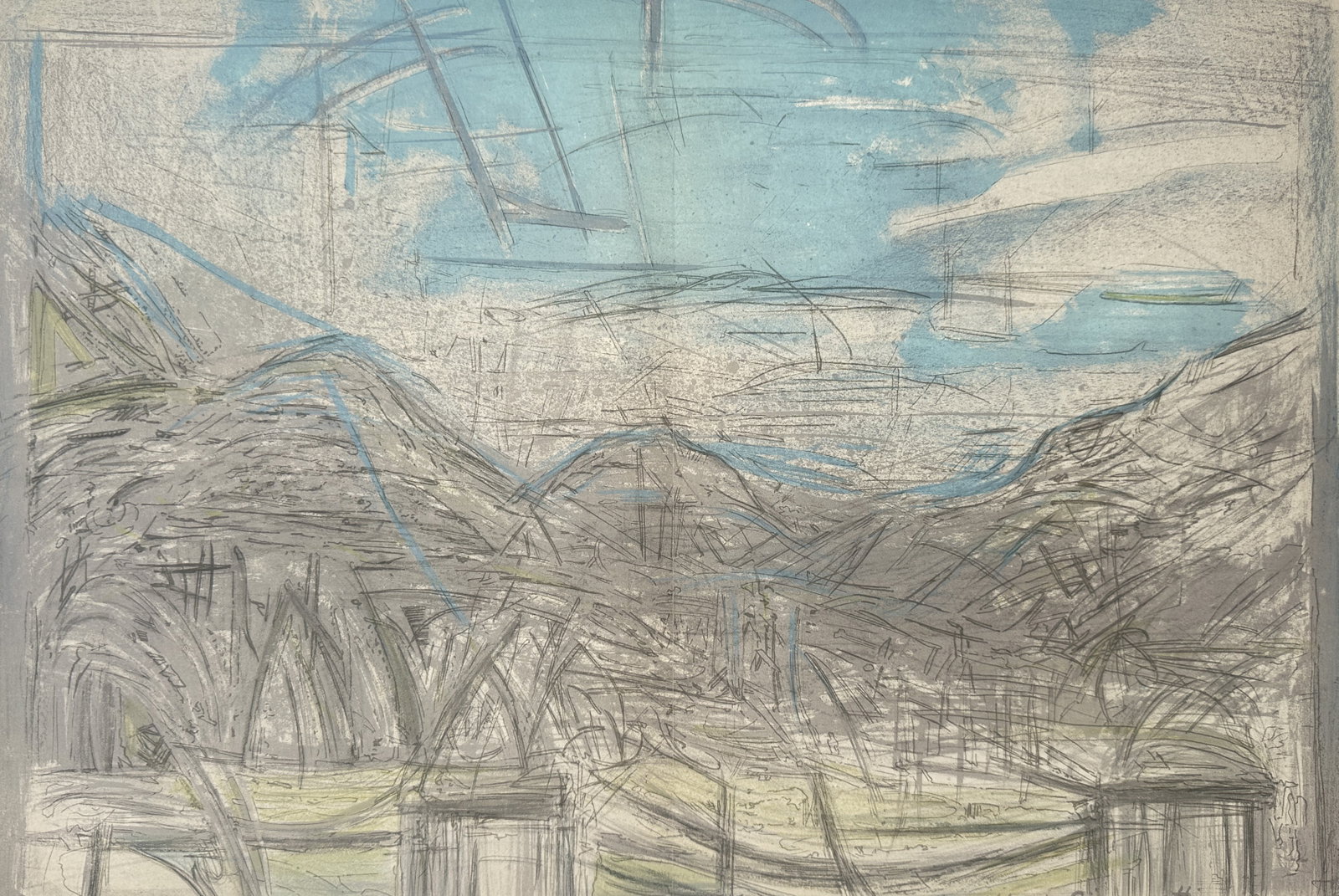 Alberto Giacometti – Paysage – Original lithograph (20th Century): "Paysage" presents an expansive and deeply atmospheric panoramic vista of rolling hills and distant valleys, masterfully rendered using a dense, frantic web of searching and overlapping linework benea