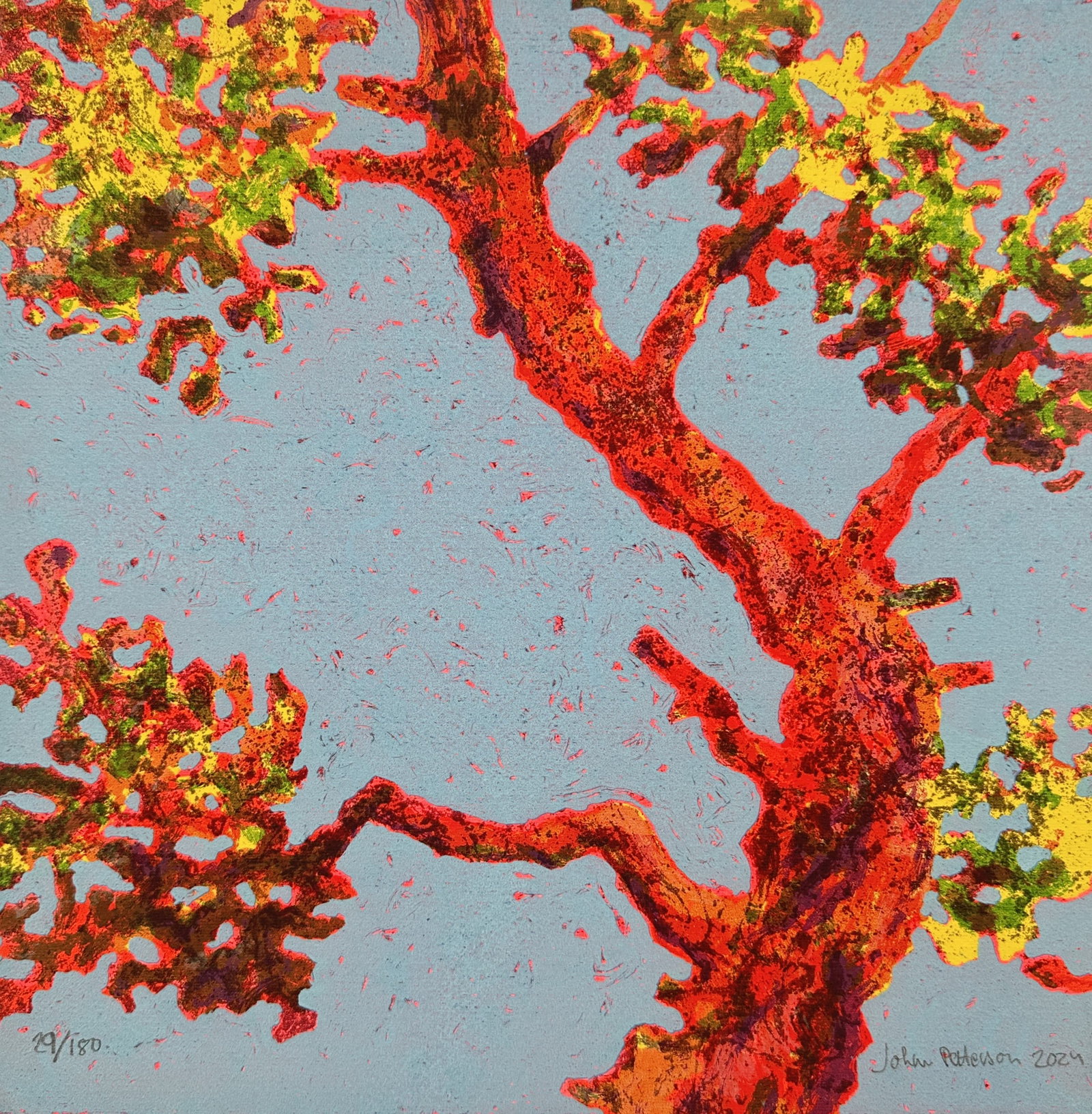 John Peterson – Ved (Firewood) – Silkscreen print (2024): "Ved (Firewood)" presents a wonderfully vibrant, highly stylized depiction of a mature organic tree structure with its twisting branches sprawling elegantly across a serene, light blue background fiel