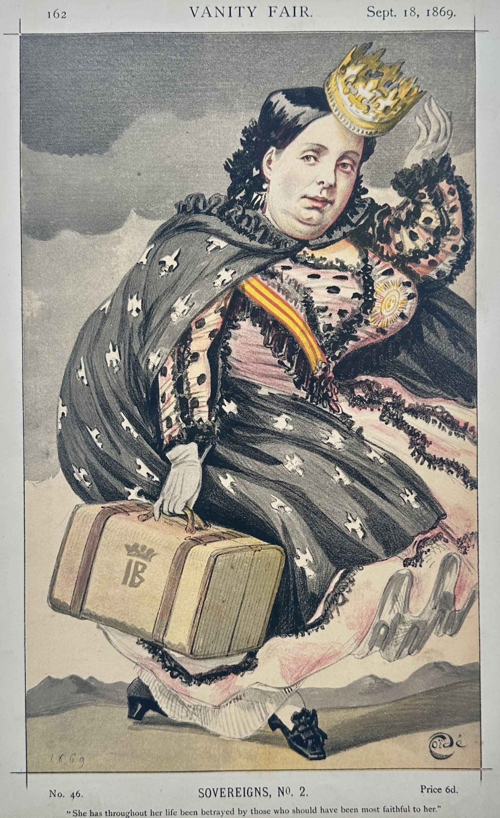 Adriano Cecioni – Queen Isabella II of Spain – Lithograph (1869): "Queen Isabella II of Spain" presents a brilliant and historically significant satirical caricature depicting the deposed monarch in full, elaborate formal court attire, comically carrying a modern tr