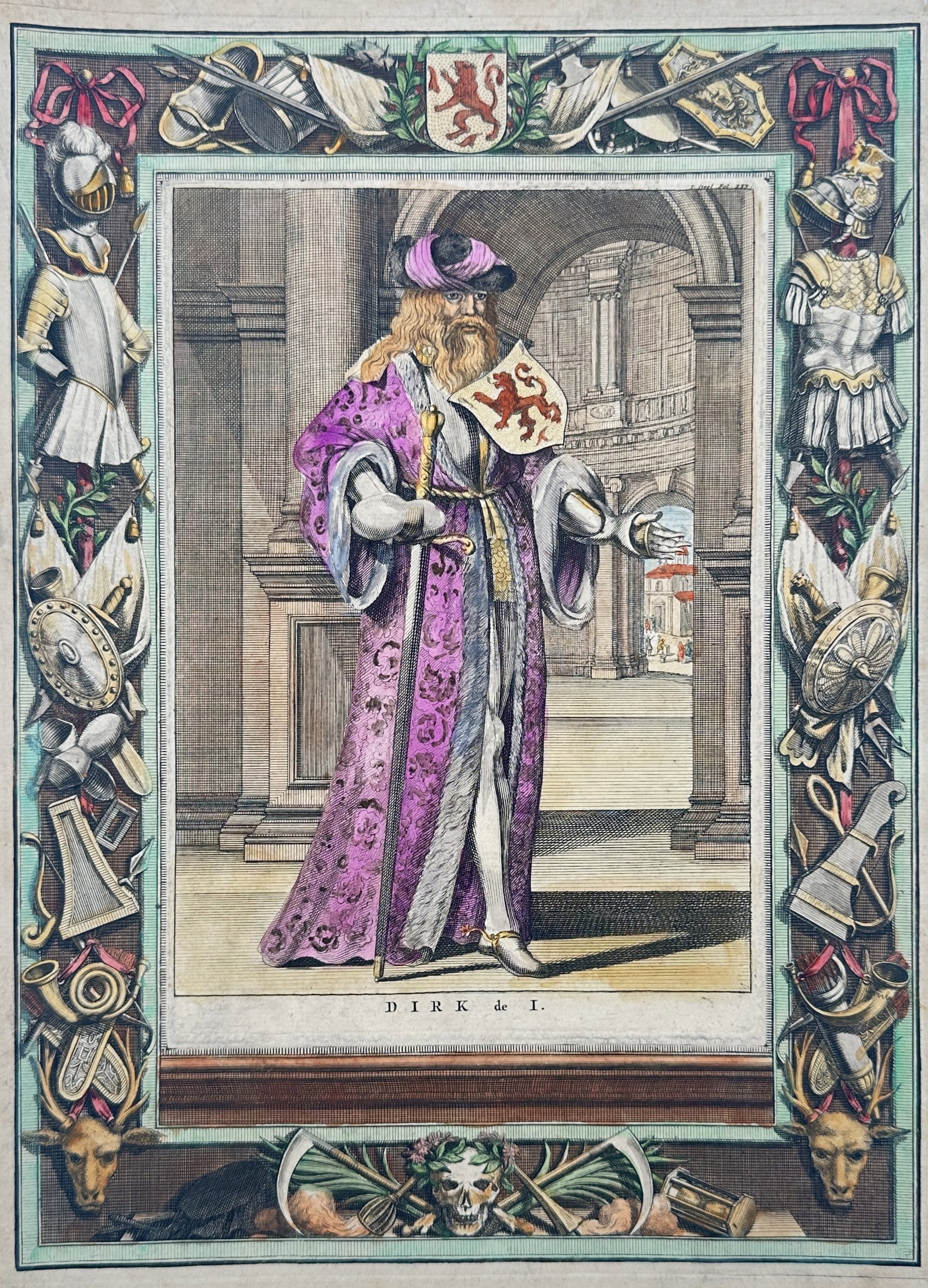 Jan Goeree – Dirk I, Count of Holland – Engraving (18th Century): "Dirk de I" presents a magnificent full-length portrait depicting the noble medieval ruler standing proudly in luxurious, flowing ceremonial robes while holding a sword and a shield emblazoned with a 