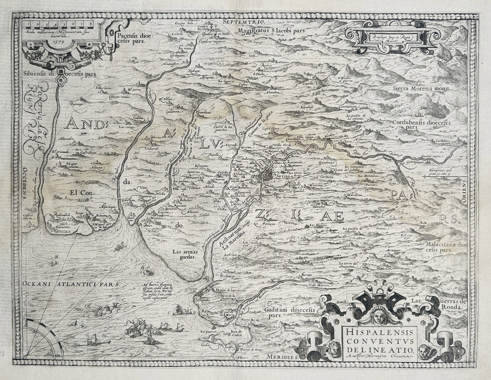 Frans Hogenberg – Map of Andalusia – Spain – Engraving (1579): "Hispalensis Conventus Delineatio" presents a highly sophisticated and detailed geographical rendering of the southwestern region of Spain, showcasing its sweeping river systems, rugged mountain range