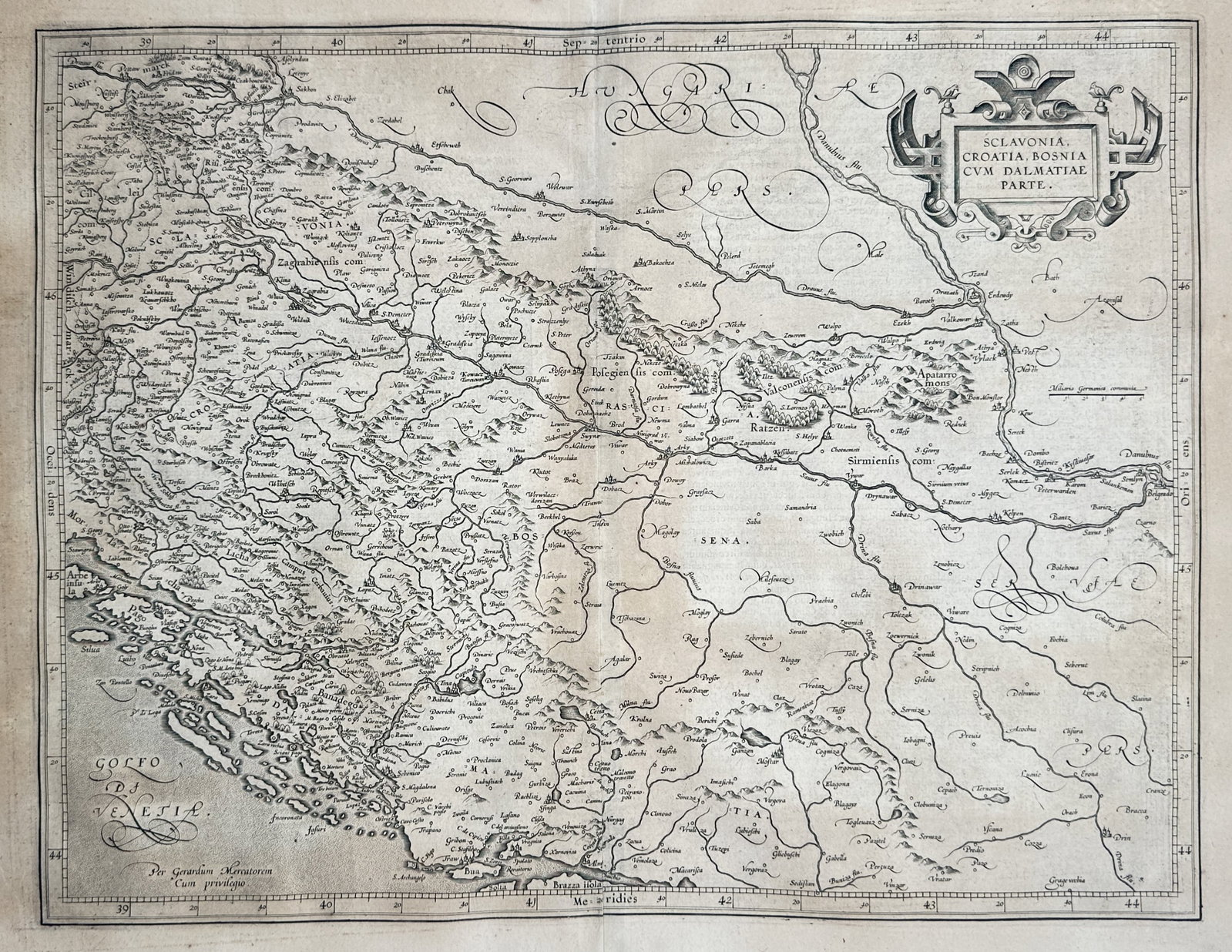 Gerardus Mercator – Map of Slavonia, Croatia, Bosnia and Dalmatia – Balkans – Engraving: "Sclavonia, Croatia, Bosnia cum Dalmatiae Parte" presents a masterfully executed and geographically advanced rendering of the northwestern Balkan region, showcasing its highly intricate, island-strewn