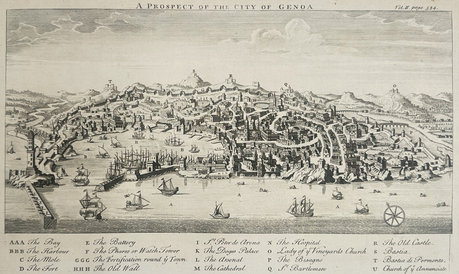 Emanuel Bowen – Prospect of the City of Genoa – Italy – Engraving (18th Century) (1 of 3)