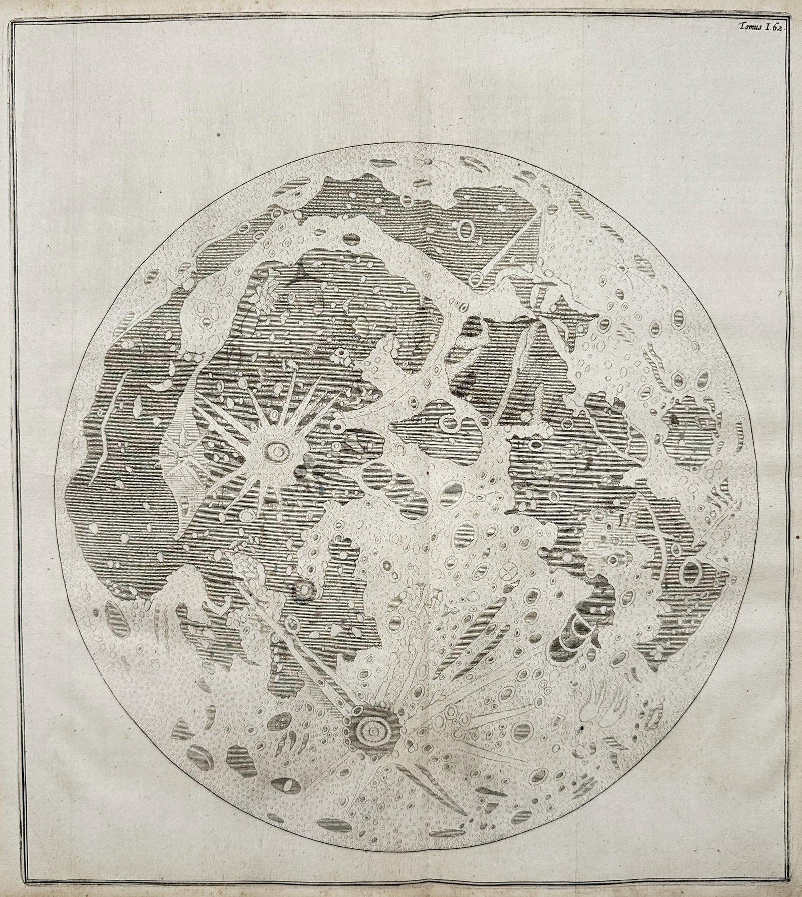 Athanasius Kircher – Map of the Moon – Astronomy – Engraving (17th Century): "Systema Ideale Lunae" presents a beautifully detailed early selenographical mapping of the lunar surface, showcasing its diverse topographical features, crater systems, and maria plains within a larg