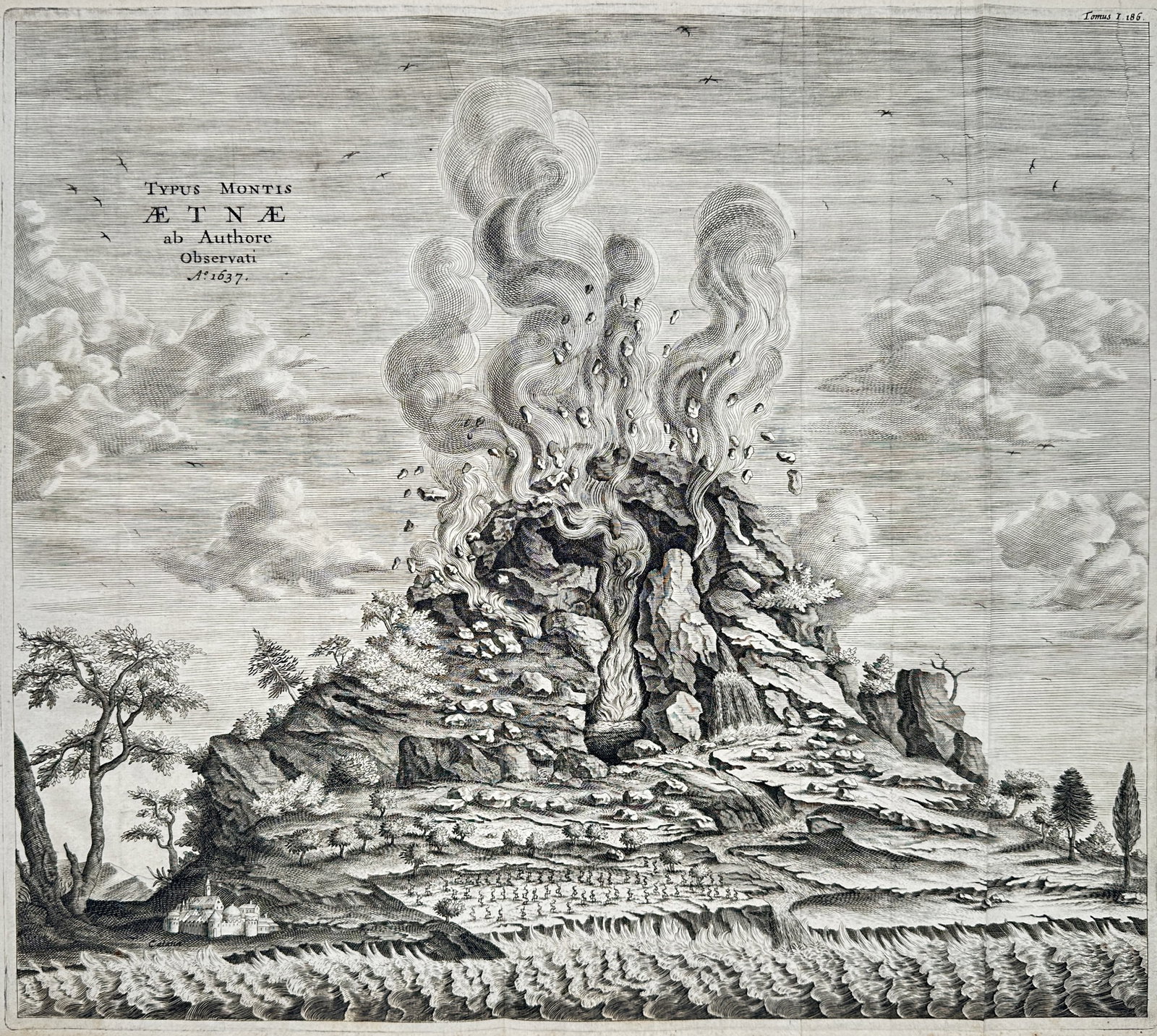 Athanasius Kircher – View of Mount Etna – Volcanology – Engraving (17th Century): "Typus Montis Aetnae ab Authore Observati" presents a beautifully detailed and dramatic geological illustration of the erupting volcano Mount Etna in Sicily, showcasing billowing plumes of thick smoke