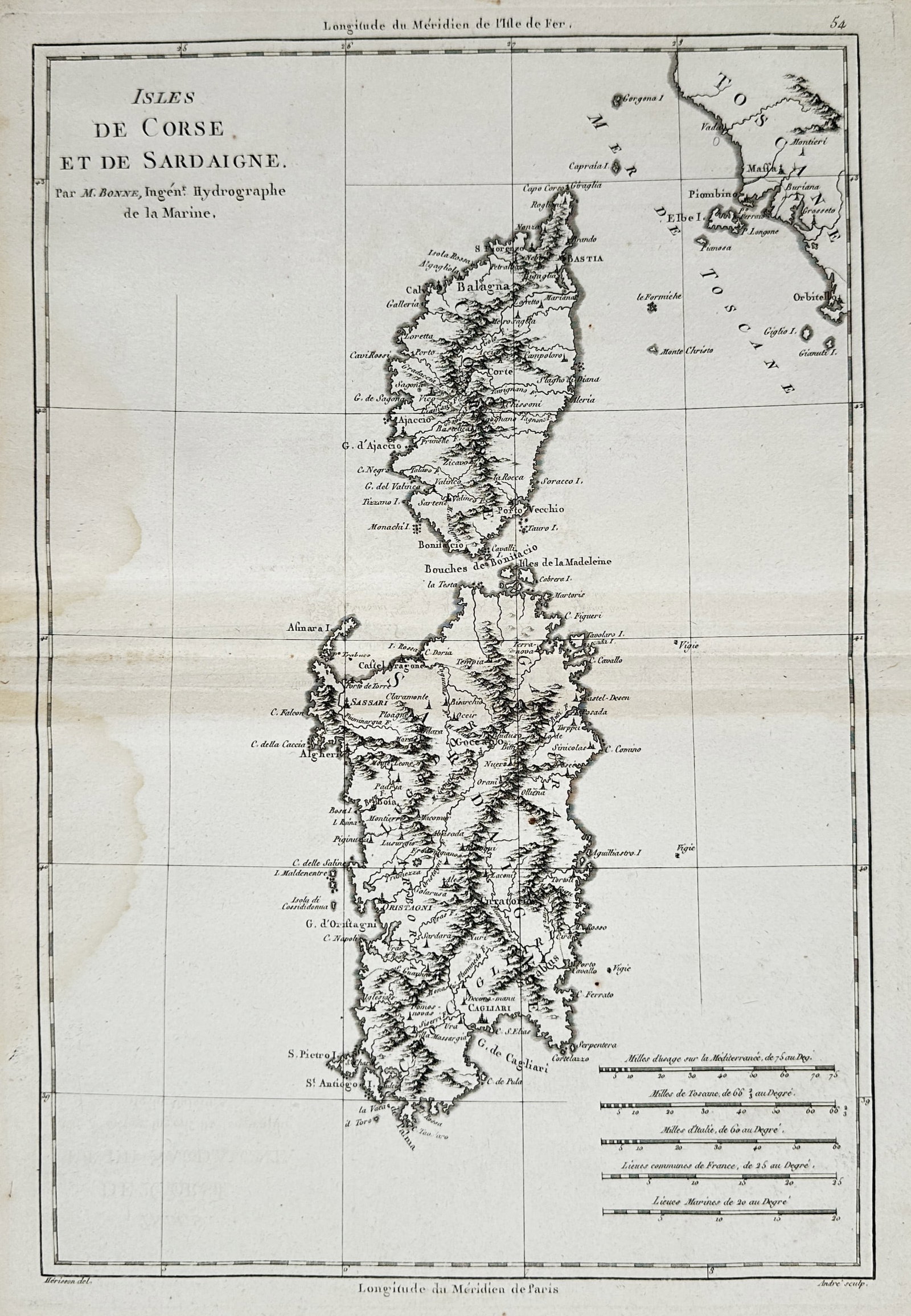 Rigobert Bonne – Map of Corsica and Sardinia – Mediterranean Islands – Engraving (18th (1 of 3)