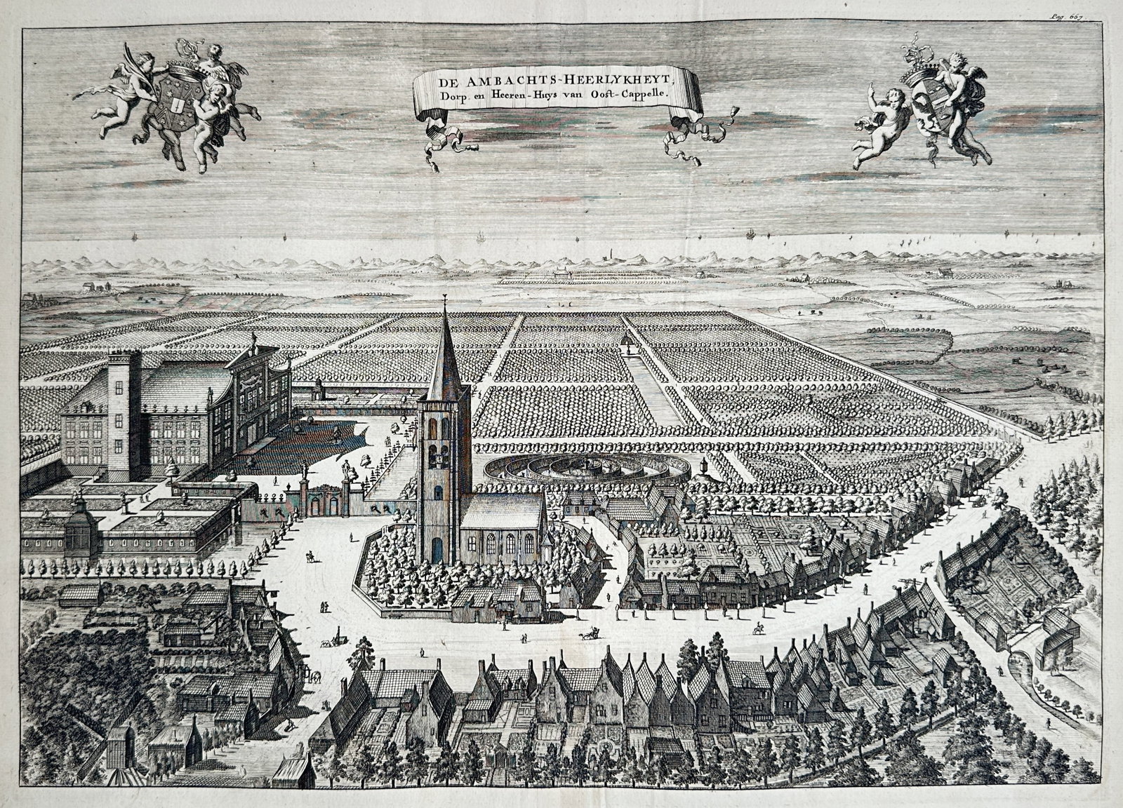 Mattheüs Smallegange – View of Oostkapelle – Low Countries – Engraving (1696): "De Ambachts-Heerlykheyt Dorp en Heeren-Huys van Oost-Cappelle" presents an exquisite birds-eye panoramic view documenting the village, church, and grand manor house complex of Oostkapelle in the Zeel