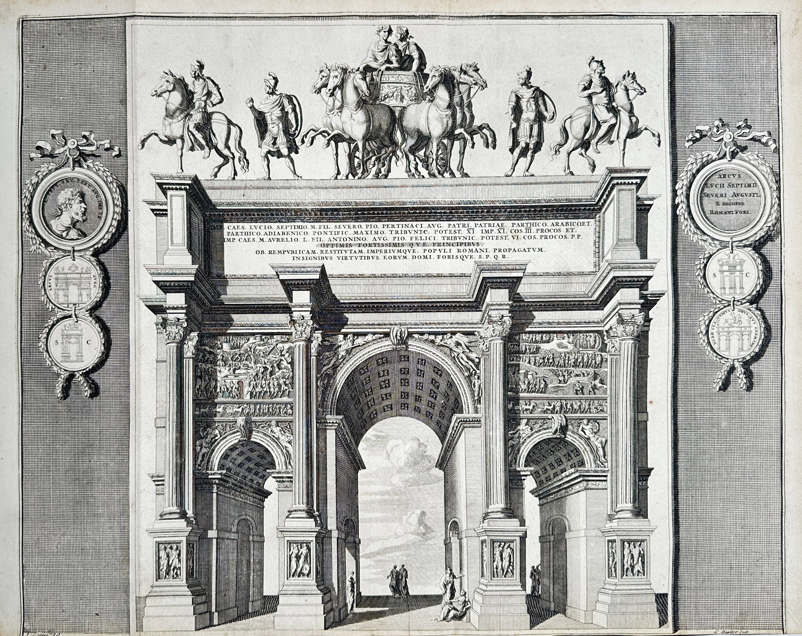 Jan Goeree – Arch of Septimius Severus – Classical Antiquity – Engraving (18th Century): This finely executed engraving offers a magnificent architectural rendering of the Arch of Septimius Severus in the Roman Forum. The composition captures the grand three-arched triumphal monument in p