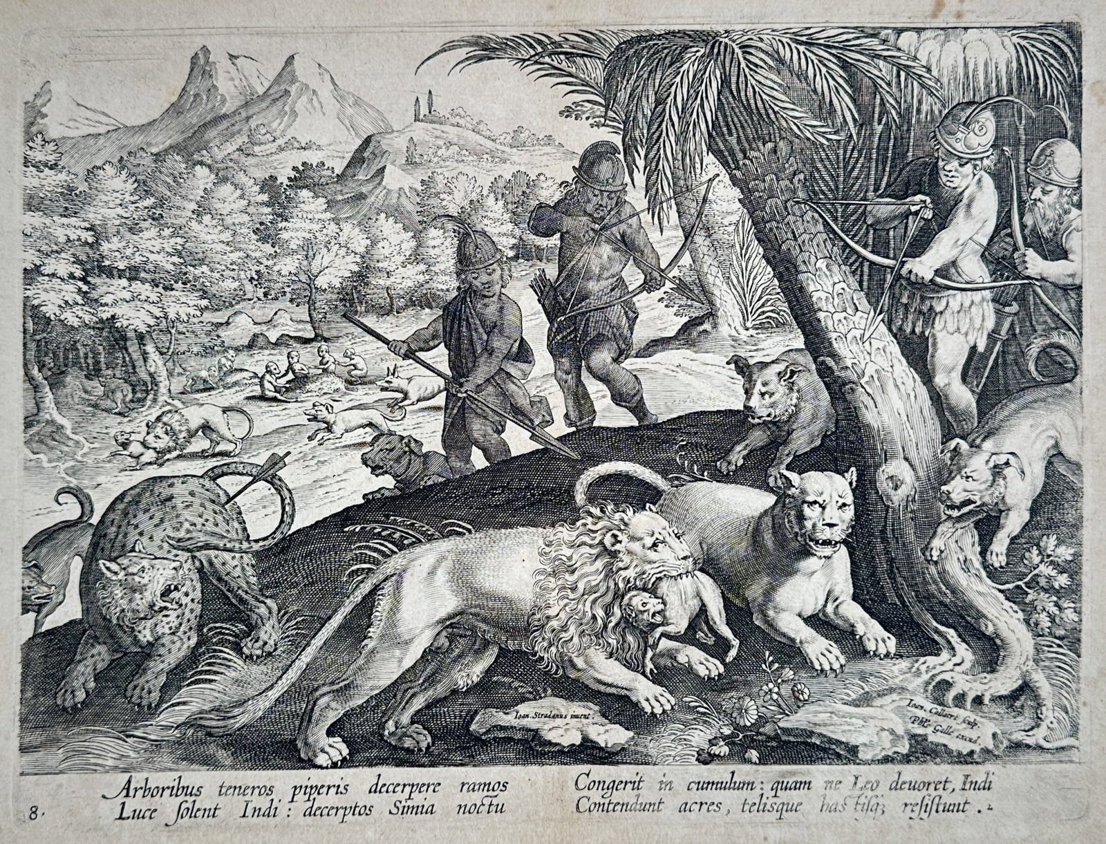 Johannes Stradanus – Indians Hunting Wild Beasts – Classical Antiquity – Engraving (16th (1 of 3)