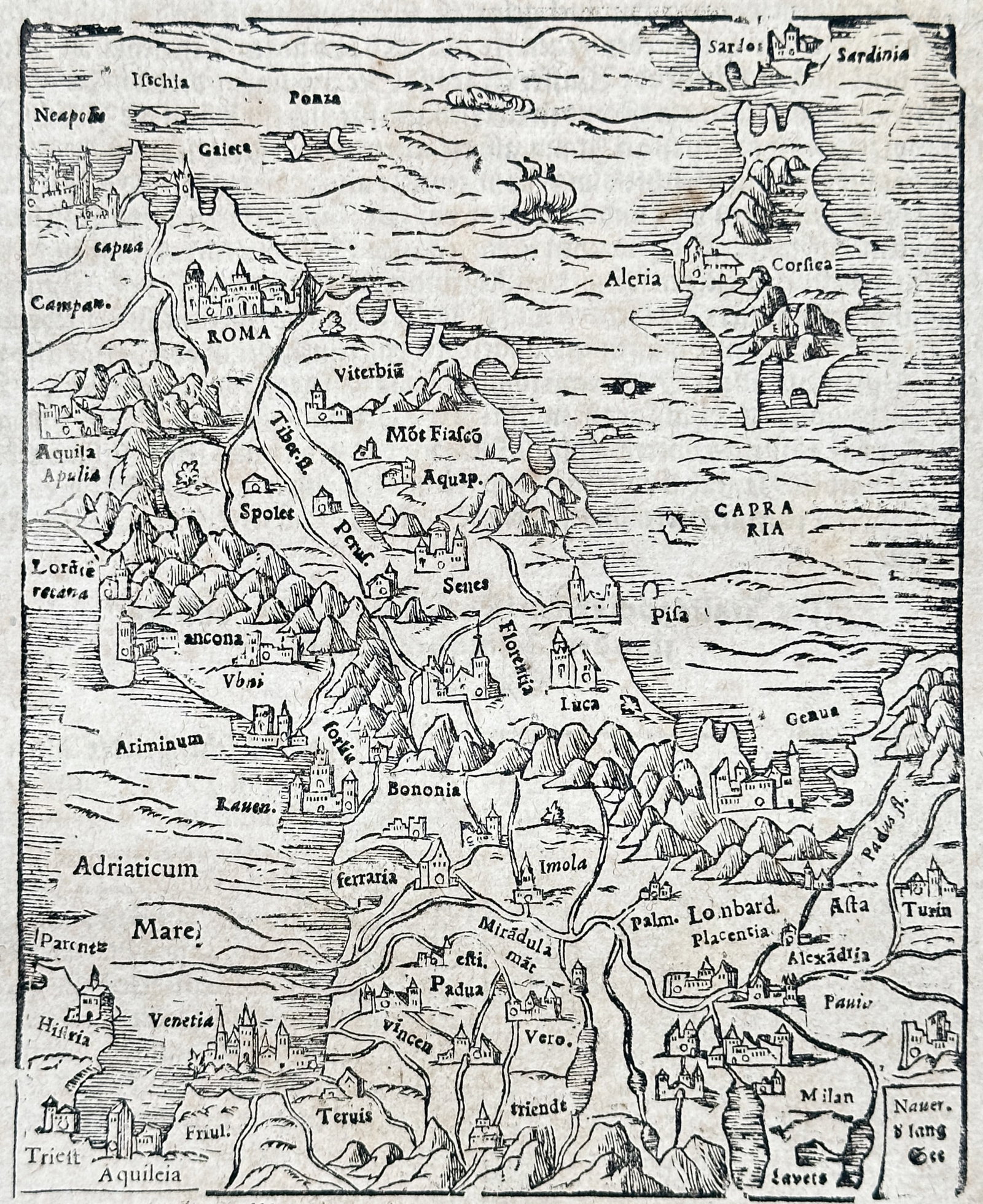 Sebastian Münster – Map of Italy – Europe – Woodcut (16th Century) (1 of 3)