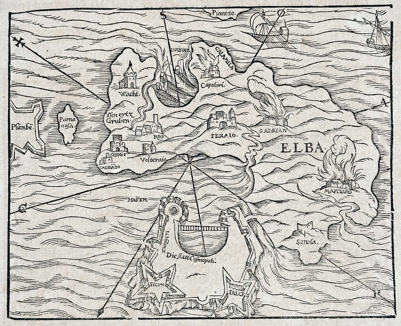 Sebastian Münster – Map of Elba – Southern Europe – Woodcut (16th Century) (1 of 3)
