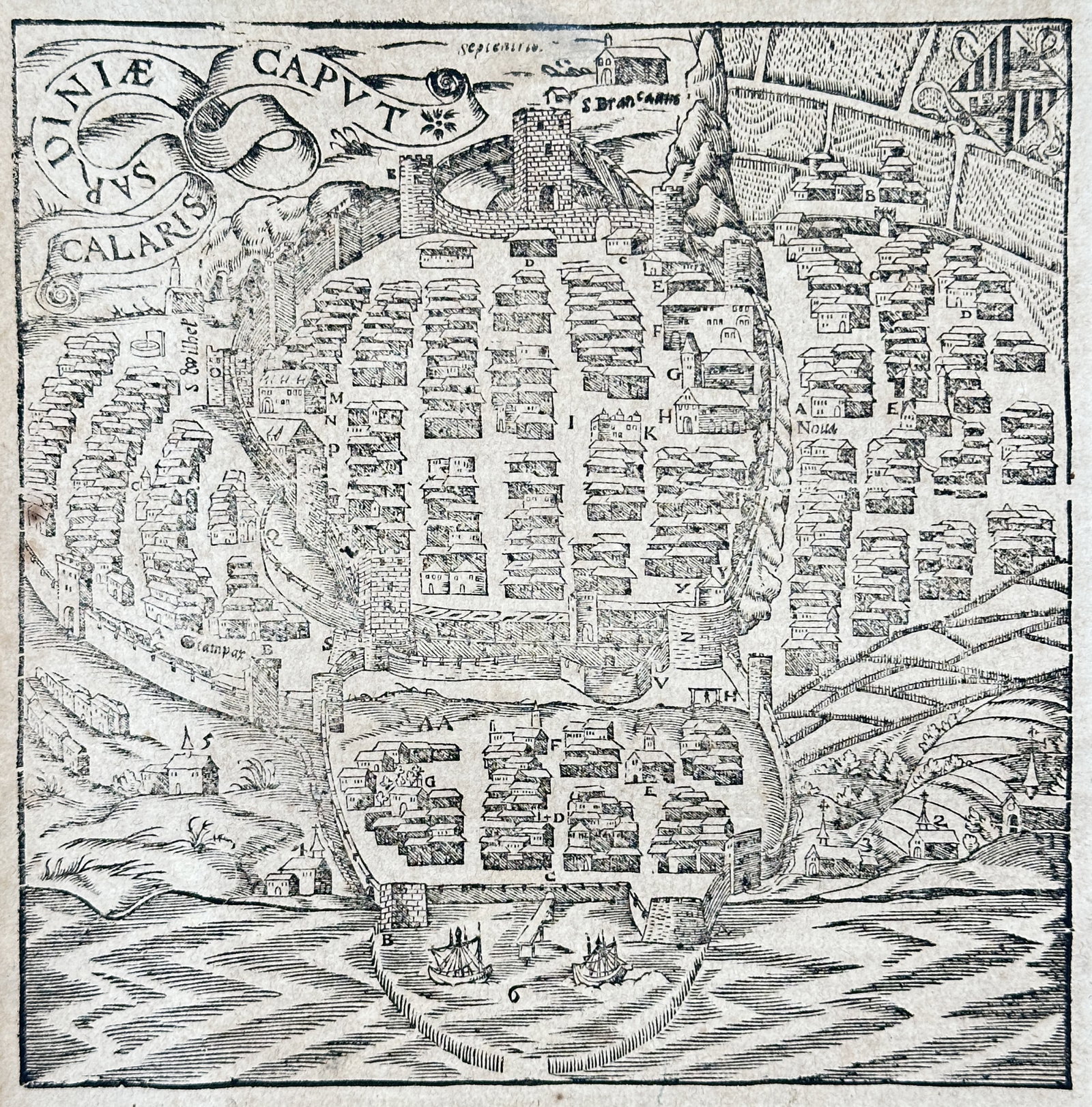 Sebastian Münster – Map of Cagliari – Southern Europe – Woodcut (16th Century) (1 of 3)