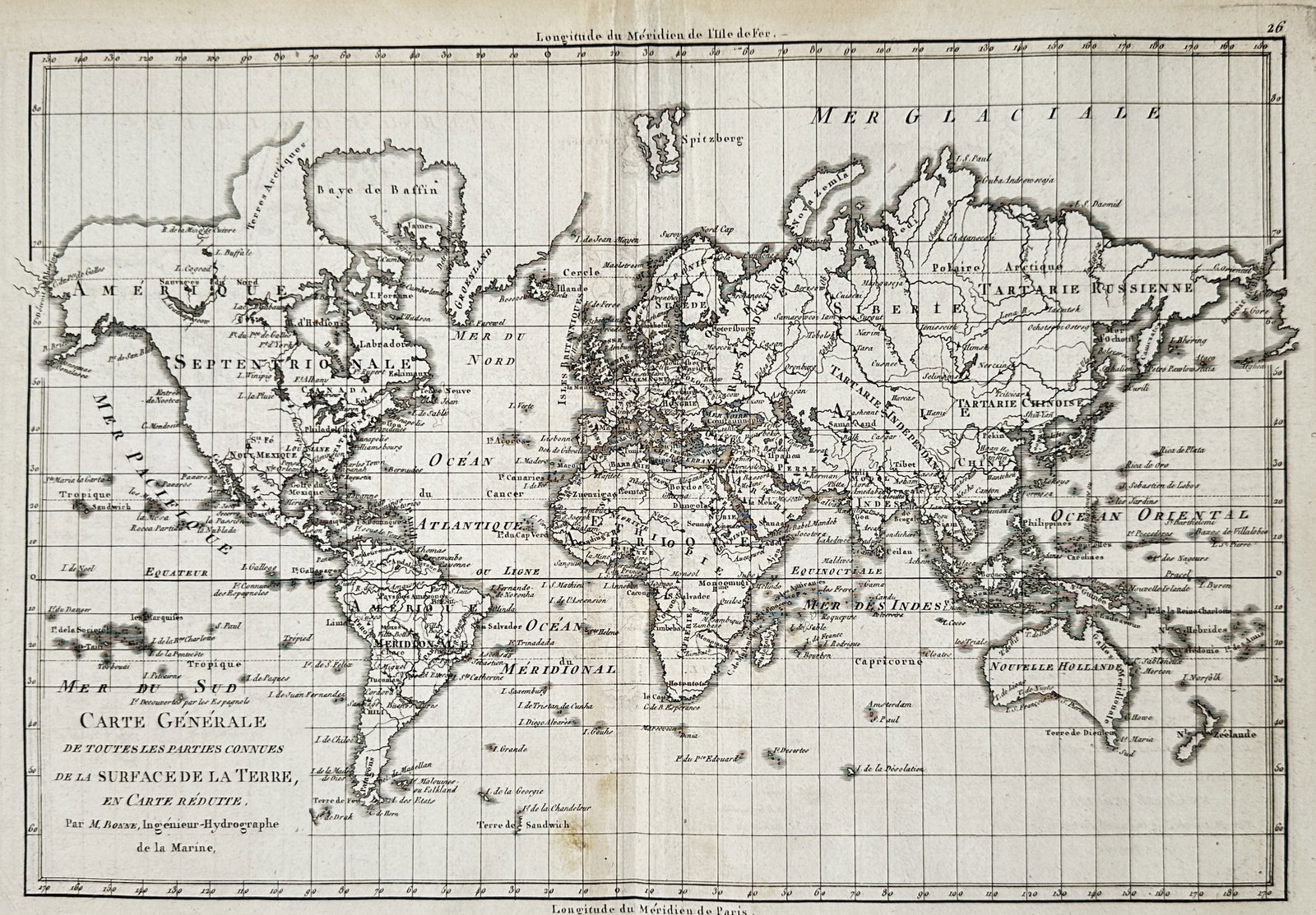 Rigobert Bonne – Map of the World – Global – Engraving (18th Century) (1 of 3)