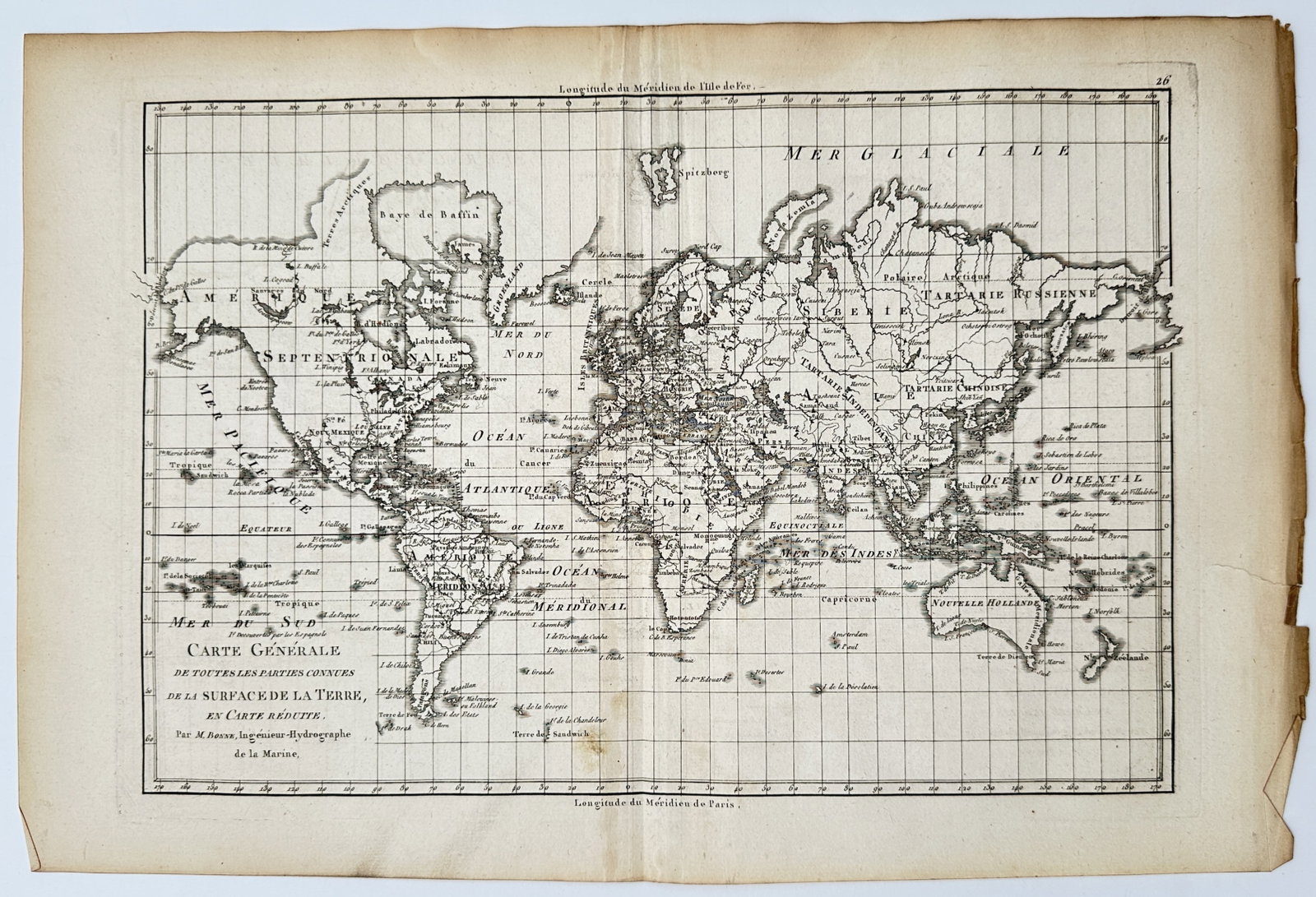 Rigobert Bonne – Map of the World – Global – Engraving (18th Century) - 2