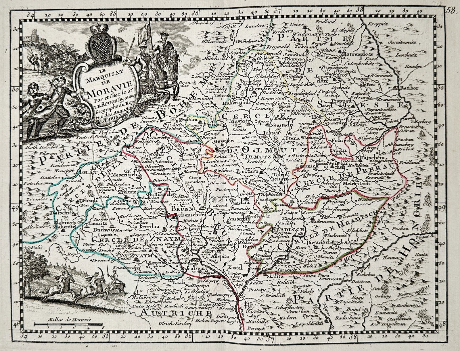 Georges-Louis Le Rouge – Map of Moravia – Central Europe – Engraving (18th Century): "Le Marquisat de Moravie" presents an eighteenth-century cartographic map delineating the Margraviate of Moravia along with its territorial boundaries and regional administrative circles. The broad co