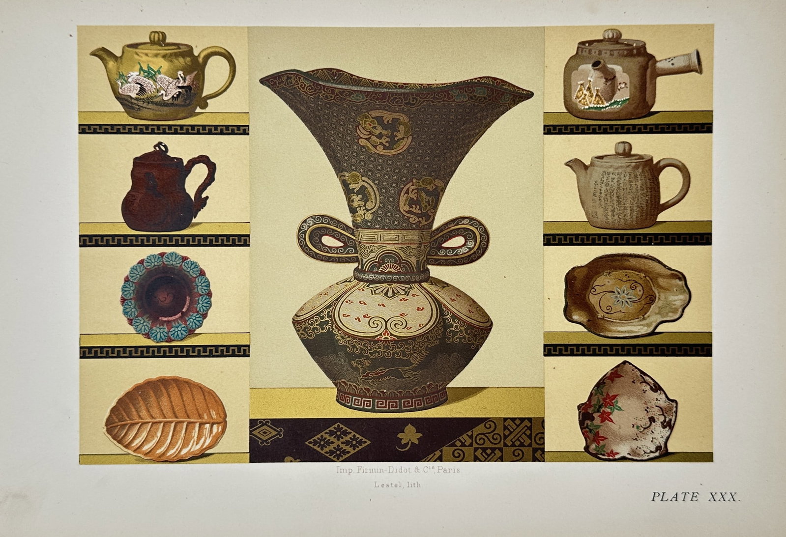 George Ashdown Audsley – Asian Decorative Arts – Lithograph (19th Century): "Plate Xxx" presents a nineteenth-century illustrative study capturing a collection of traditional decorative ceramics, featuring a large central vase with ornate handles and intricate surface pattern