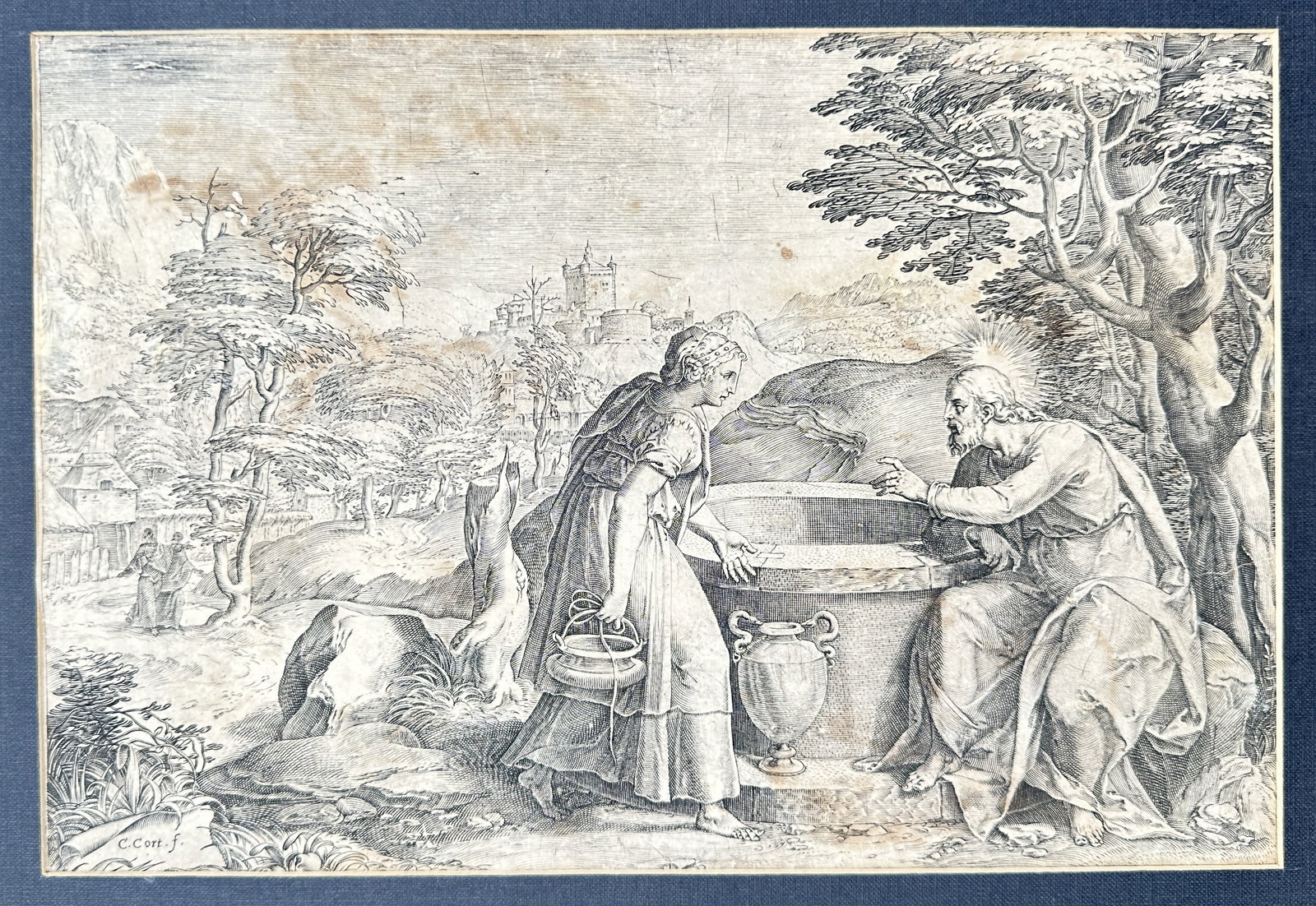 Cornelius Cort – Christ and the Samaritan Woman at the Well – Engraving (16th Century) (1 of 3)