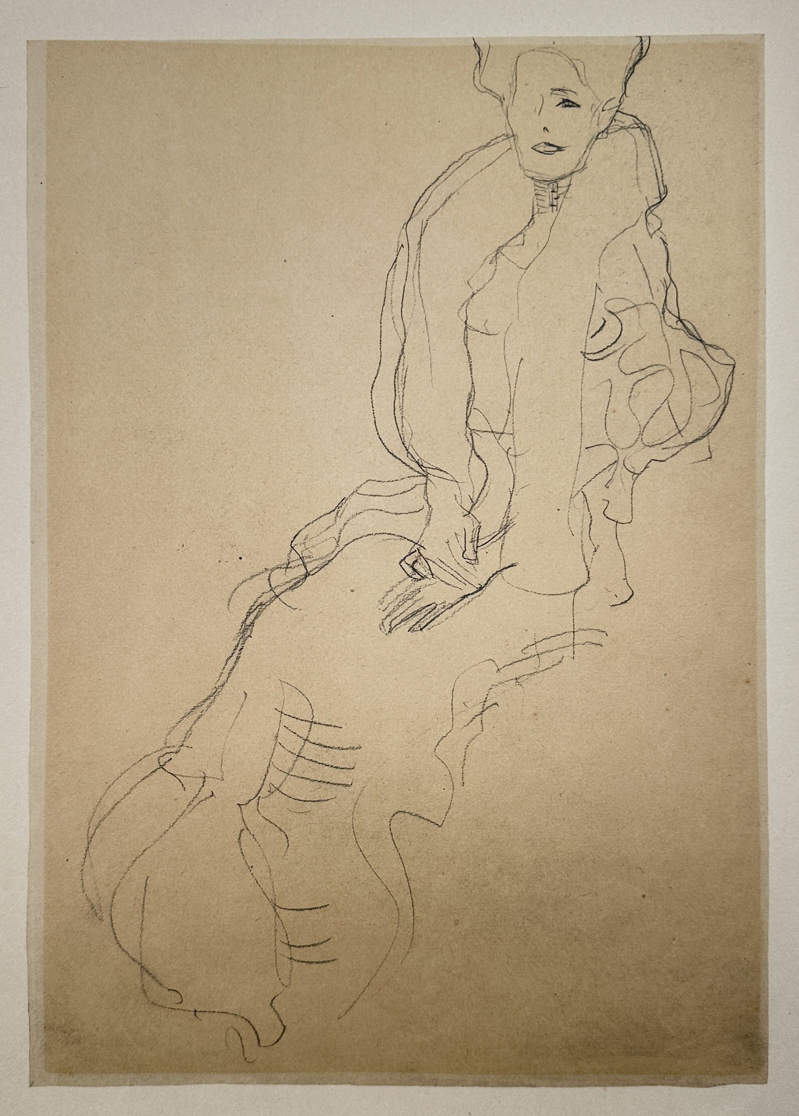 Gustav Klimt,after – Study of a Seated Woman – Offset Lithograph (20th Century): "Study of a Seated Woman" presents a twentieth-century master drawing facsimile capturing an elegant female figure resting in a seated position. The broad composition highlights Klimt's signature flui