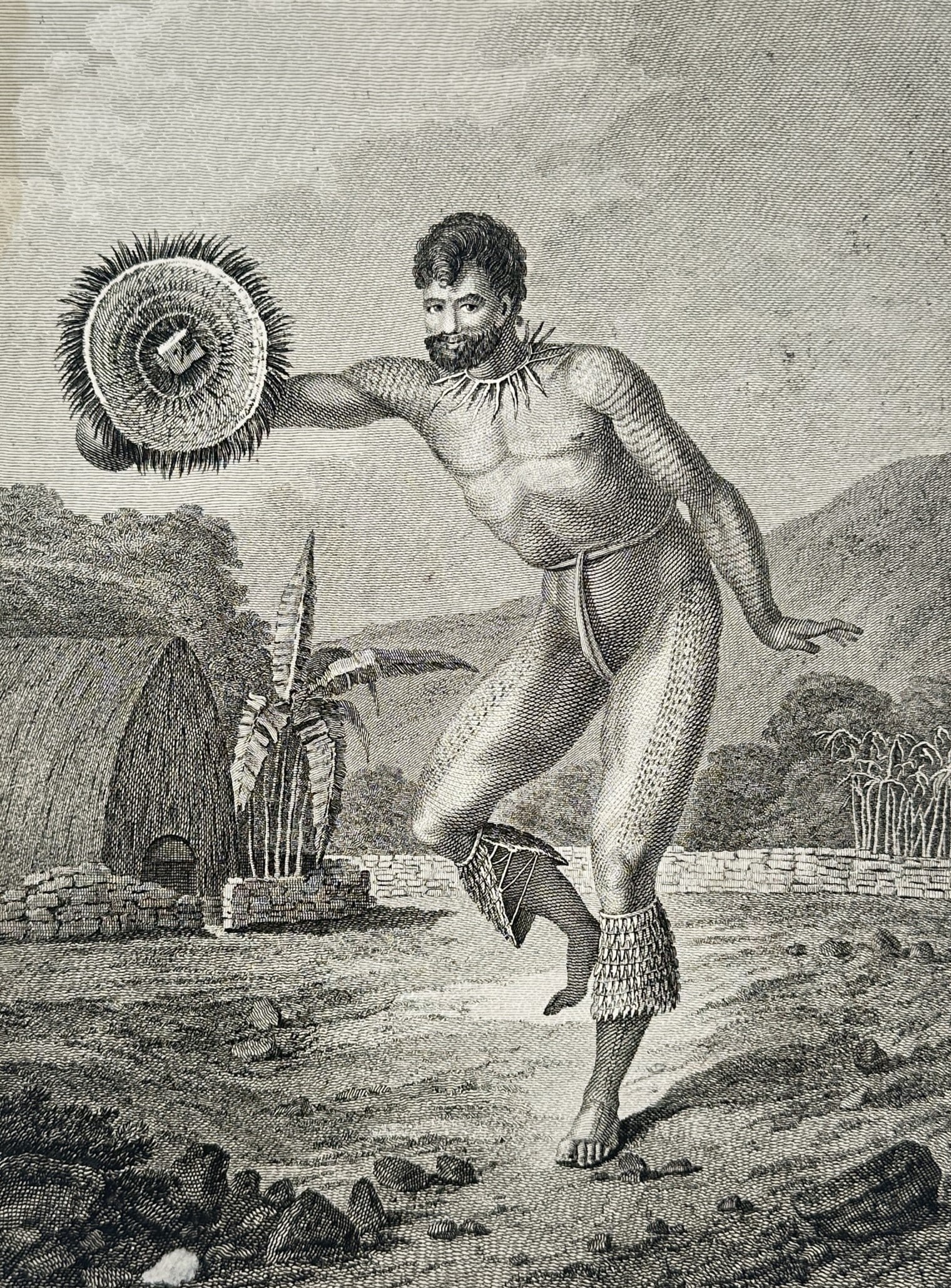 John Webber – A Man of the Sandwich Islands Dancing – Engraving (18th Century): "Un Homme de l'Isle Sandwich Dansant" This ethnographic composition illustrates a cultural dance performance by a native inhabitant of the Hawaiian Islands set within an outdoor landscape containing l