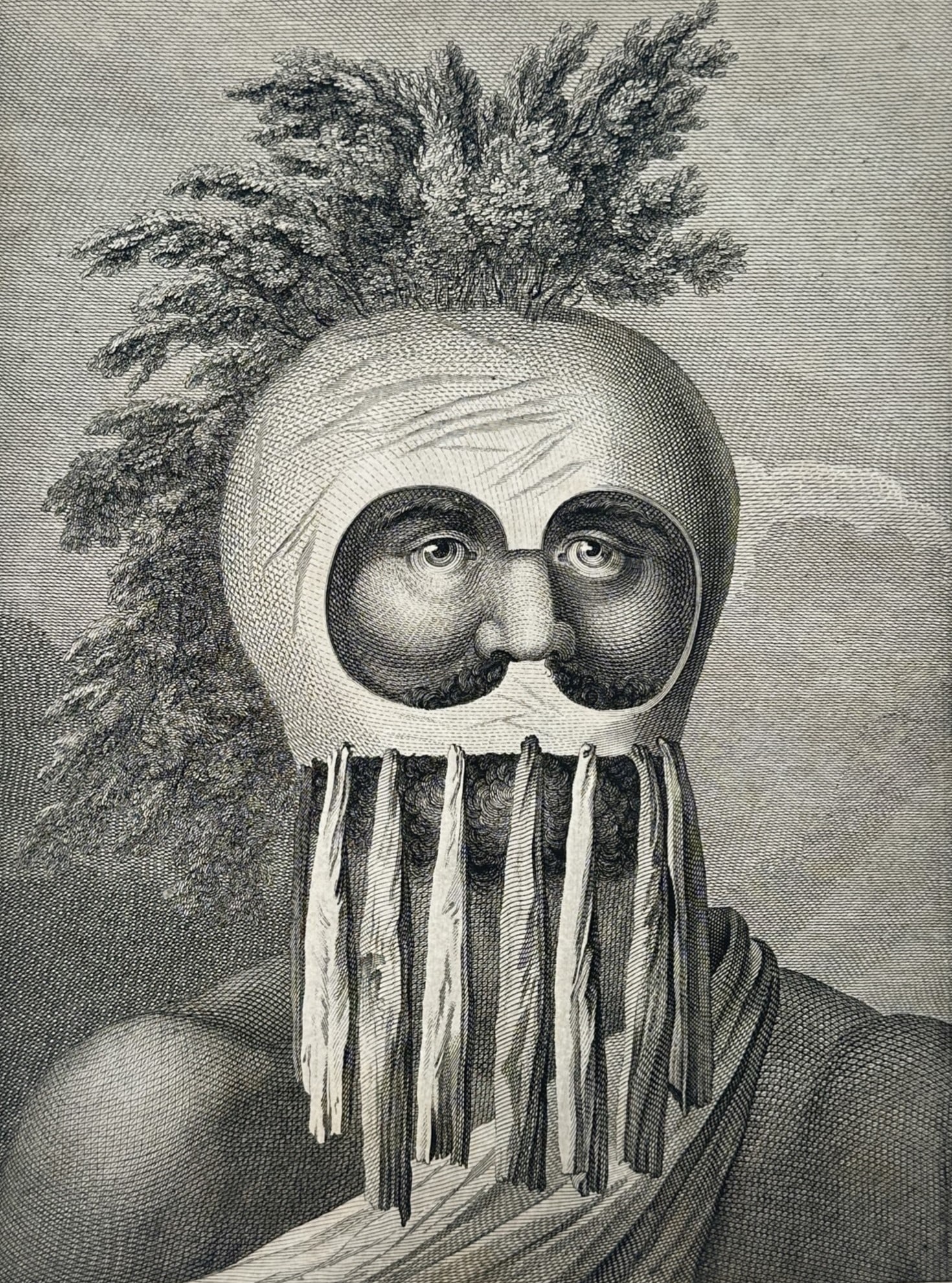 John Webber – Masked Man of the Sandwich Islands – Engraving (18th Century): "Homme Masqué de l'Isle Sandwich" This ethnographic portrait features a detailed depiction of a native Hawaiian man wearing a traditional ceremonial gourd mask adorned with woven fibers and foliage. 