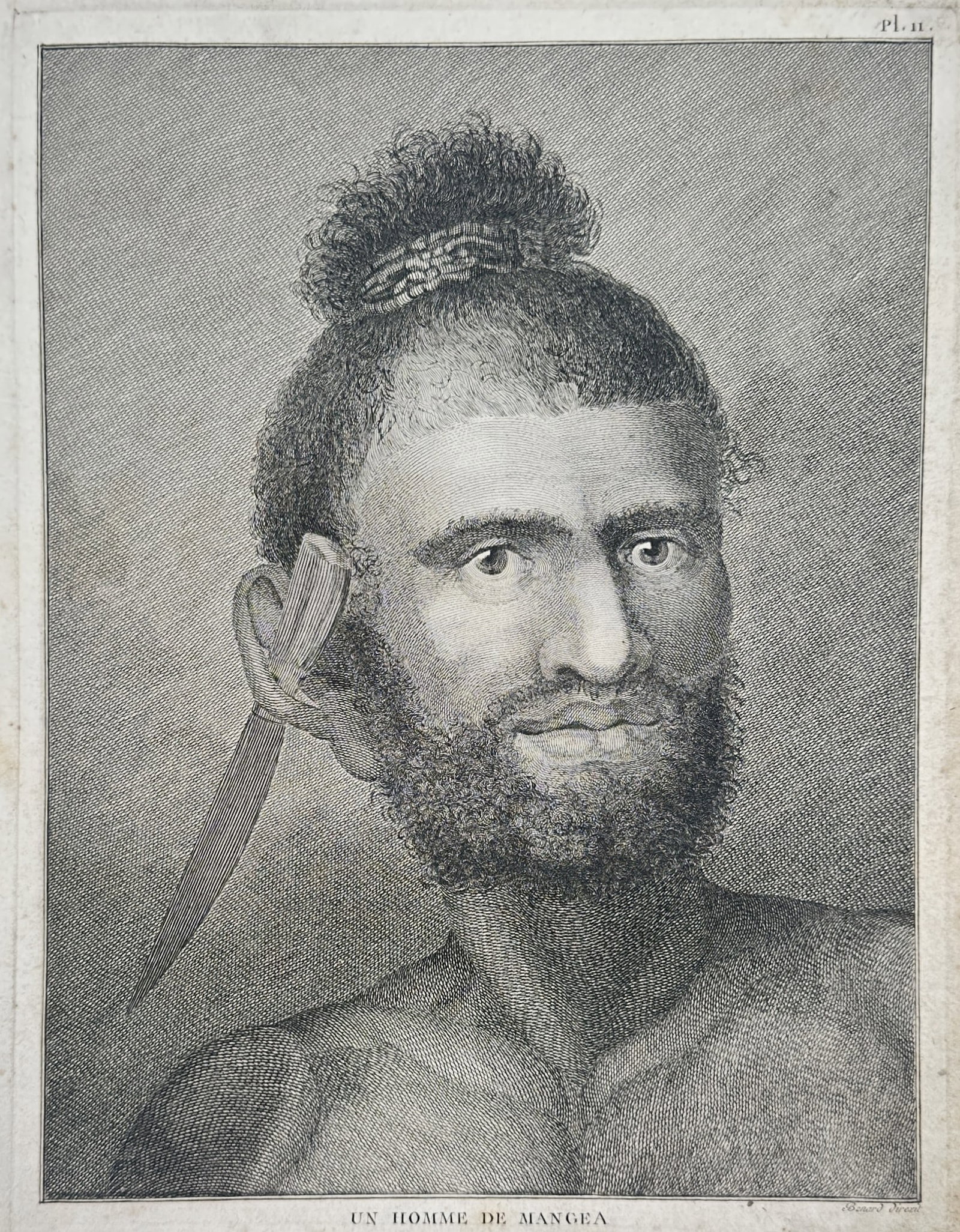 John Webber – A Man of Mangea – Engraving (18th Century): "Un Homme de Mangea" This ethnographic portrait depicts an indigenous inhabitant of Mangeia in the Cook Islands featuring traditional hairstyles and distinct personal ornaments, including a feather pi