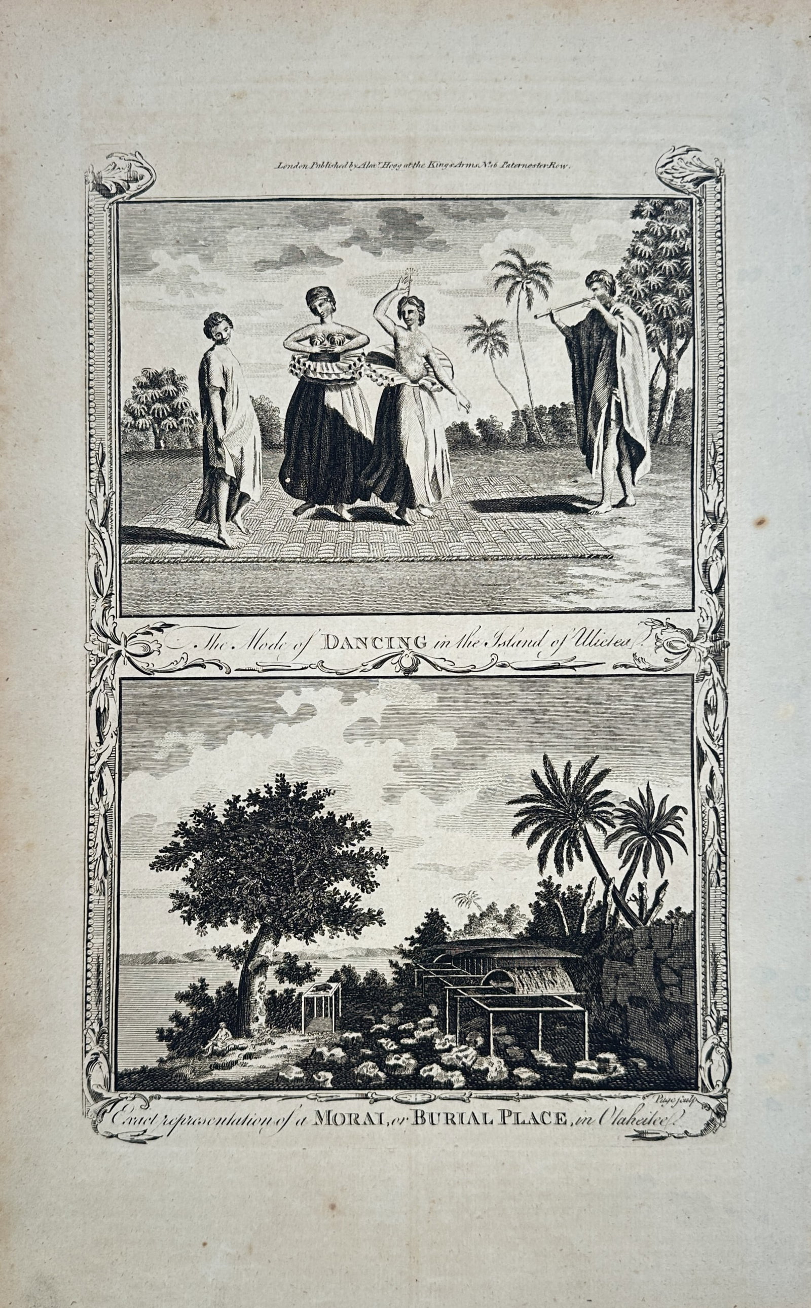 Alex Hogg – Studies of a Dance in Ulietea and a Burial Place in Otaheitee – Engraving (18th: "The Mode of Dancing in the Island of Ulietea. Exact Representation of a Morai, or Burial Place, in Otaheitee" This ethnographic print presents two distinct compositions enclosed in decorative borders