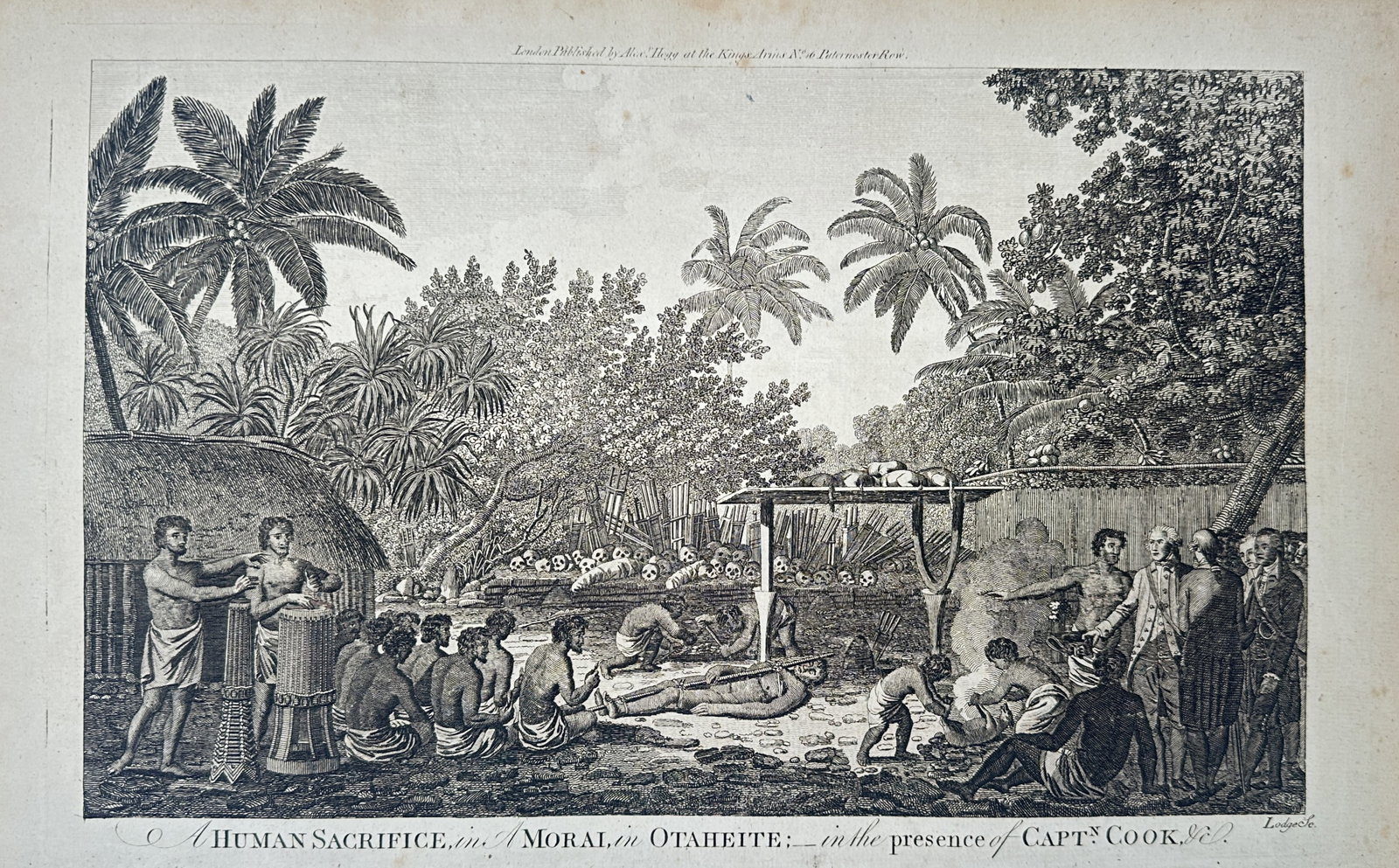 Alex Hogg – Map of Otaheite – South Pacific – Engraving (18th Century): "A Human Sacrifice, in a Morai, in Otaheite: in the Presence of Captn Cook, &c." This historical composition depicts a ceremonial gathering involving European explorers and Indigenous peoples within a