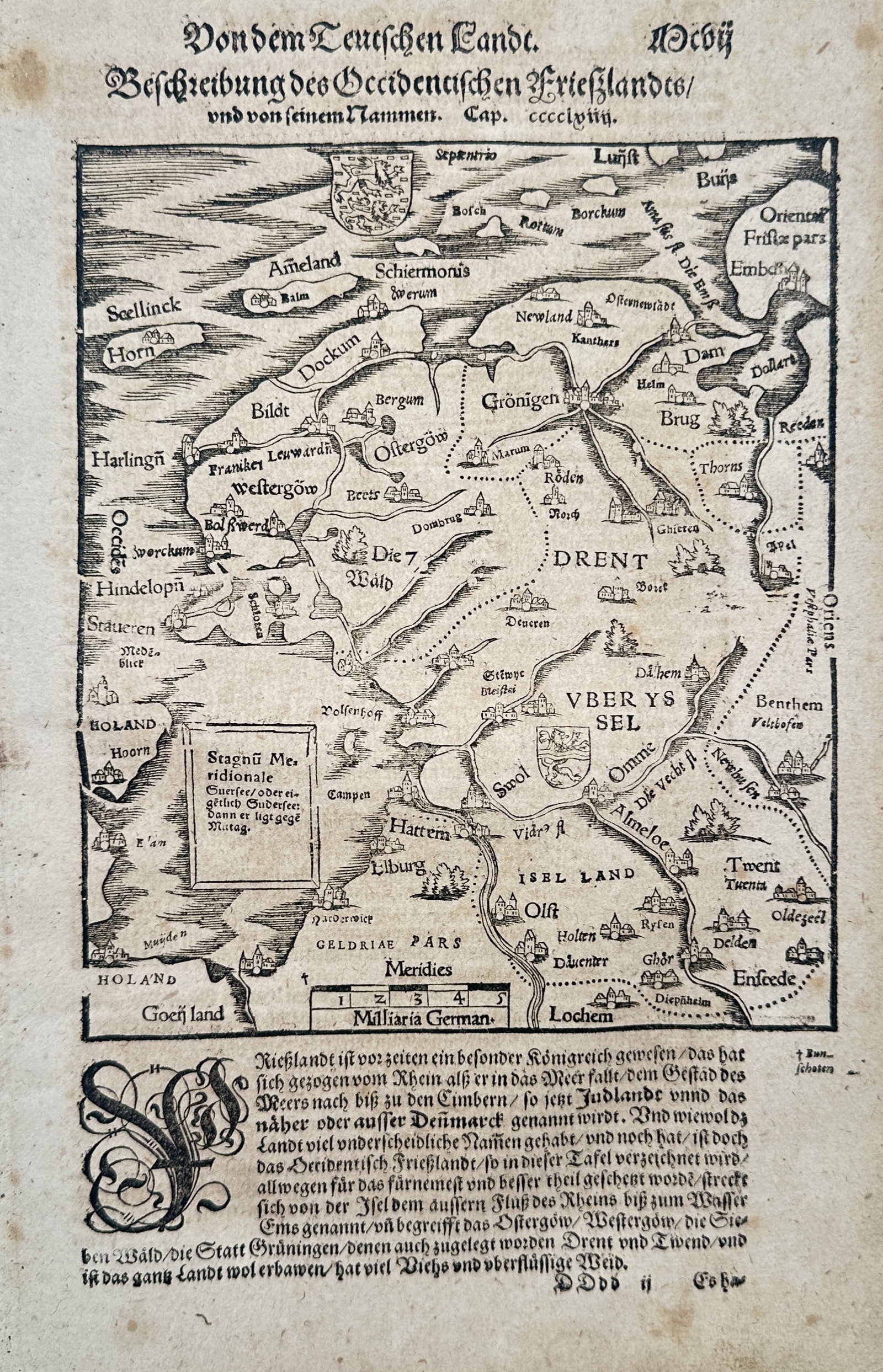 Sebastian Münster – View of Friesland and Overijssel – Netherlands – Woodcut (16th Century) (1 of 2)