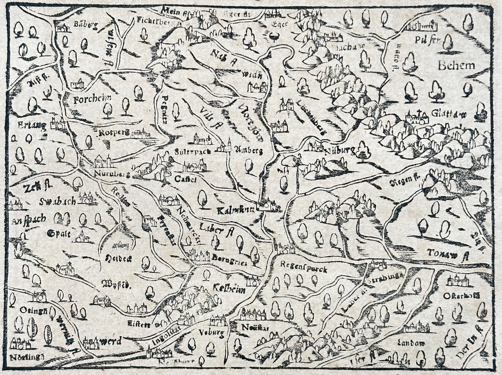 Sebastian Münster – View of Nordgau – Germany – Woodcut (16th Century) (1 of 3)