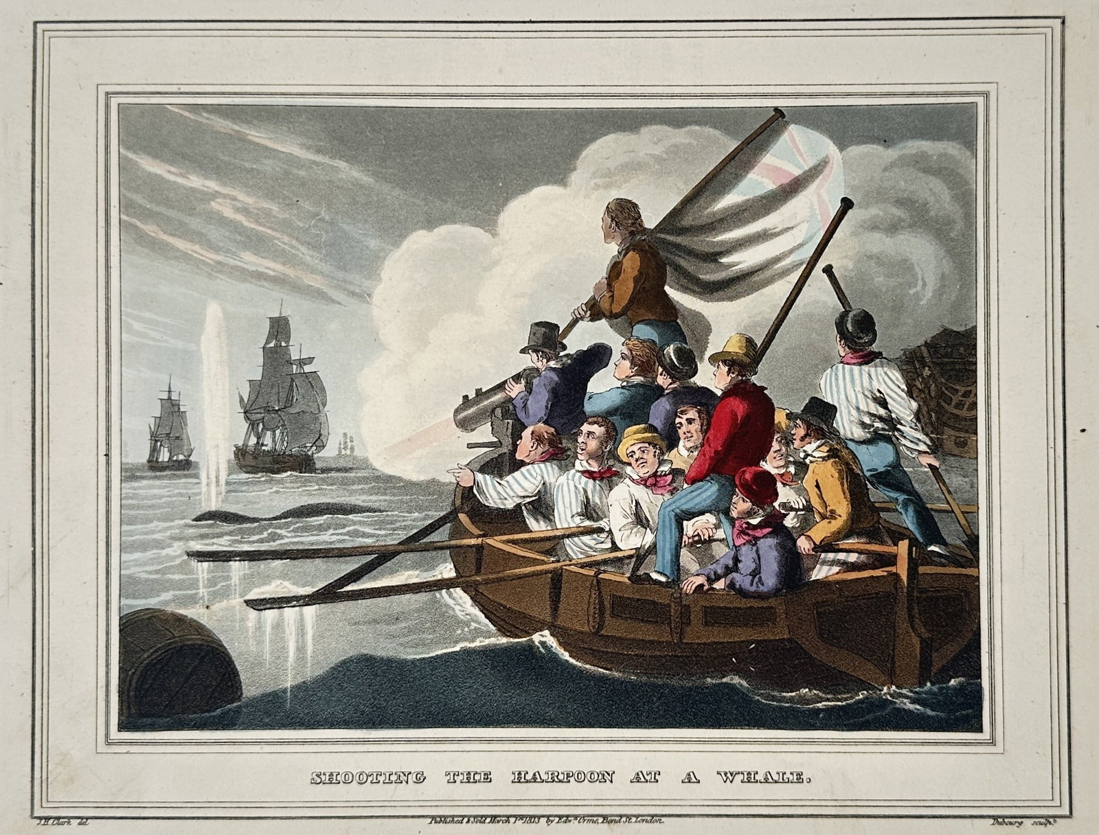 John Heaviside Clark – Shooting the Harpoon at a Whale – Aquatint (1813) (1 of 3)