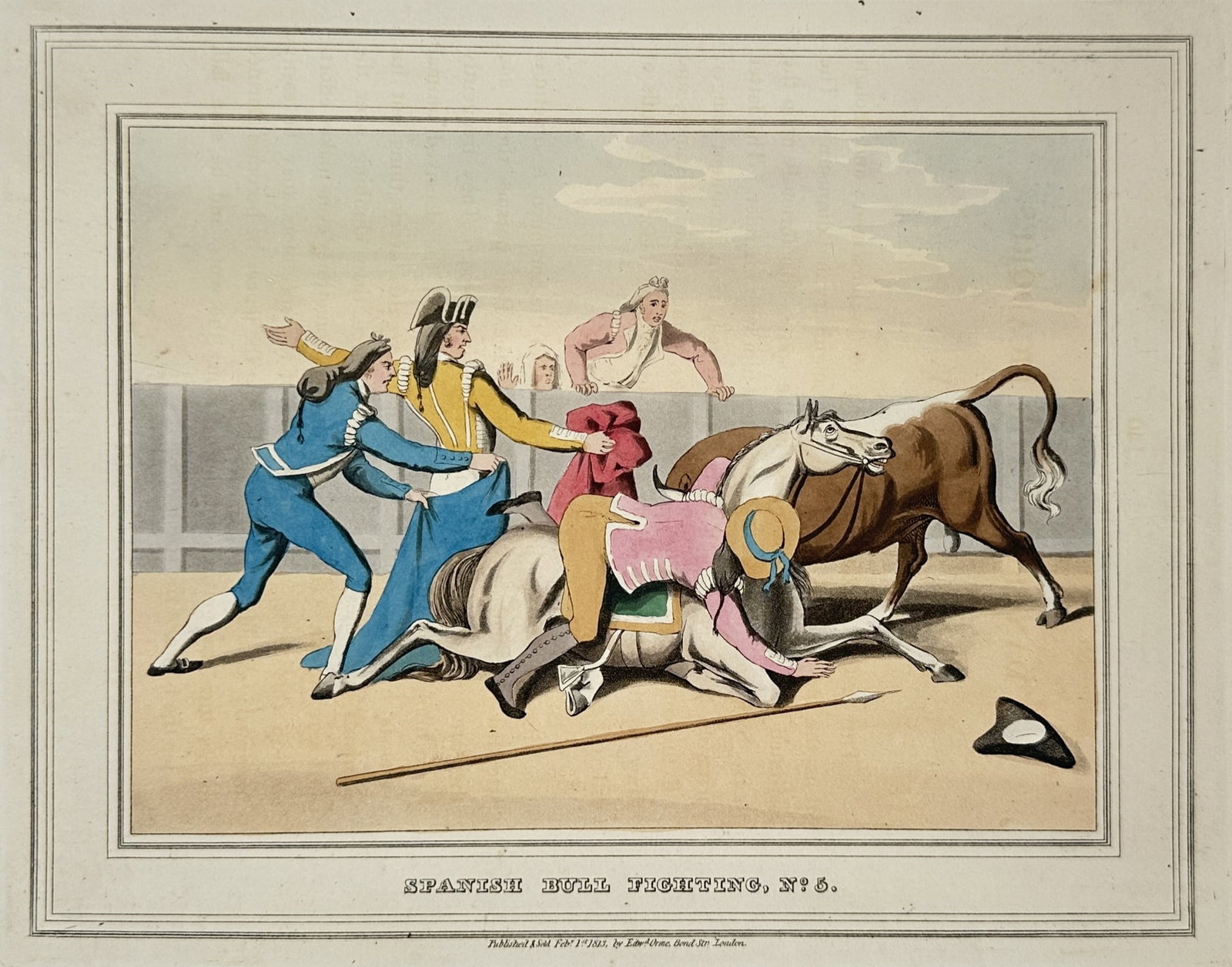 Samuel Howitt – Spanish Bull Fighting – Aquatint (1813): "Spanish Bull Fighting" This dramatic sporting illustration captures a chaotic moment during a traditional bullfight inside an arena where a bull has overturned a horse and its rider. The vivid scene 
