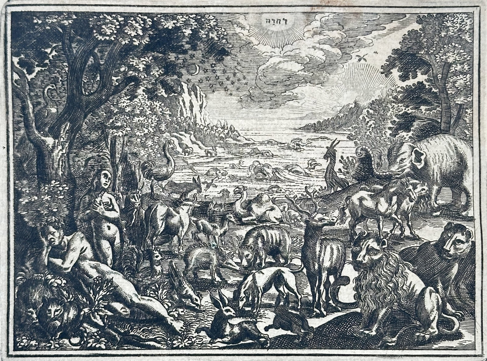 Johann Ludwig Gottfried – The Creation of Animals in the Garden of Eden – Engraving (17th: "Historische Kronyck" This illustrated chronicle page features a central engraving depicting the creation and gathering of various animals within the Garden of Eden. The historical text surrounding th