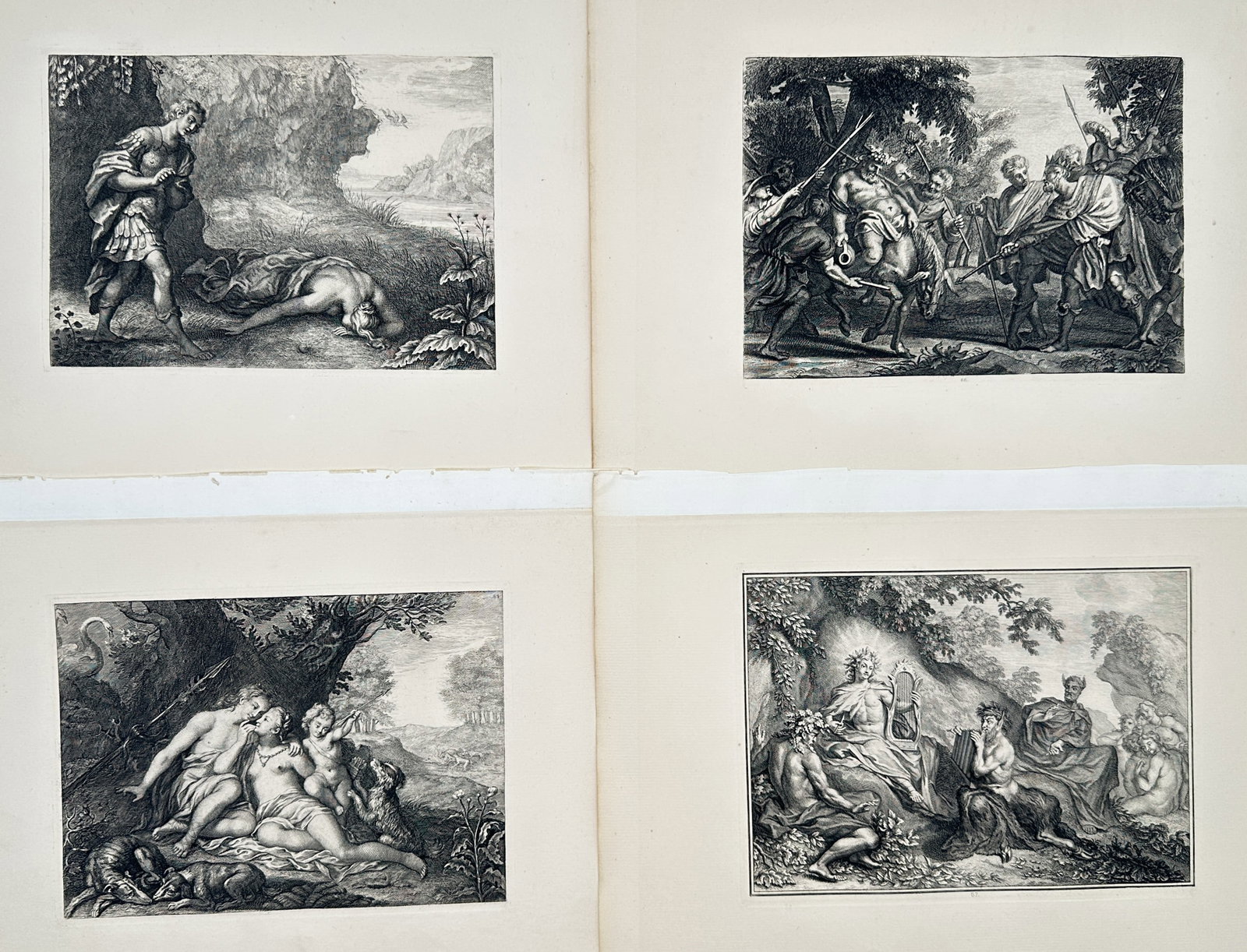 Philips Galle – Set of 4: Classical and Allegorical Subjects – Engravings (16th Century): "Classical and Allegorical Subjects" This set of prints features a series of dramatic classical narratives depicting various mythological encounters and allegorical scenes within detailed landscapes. 