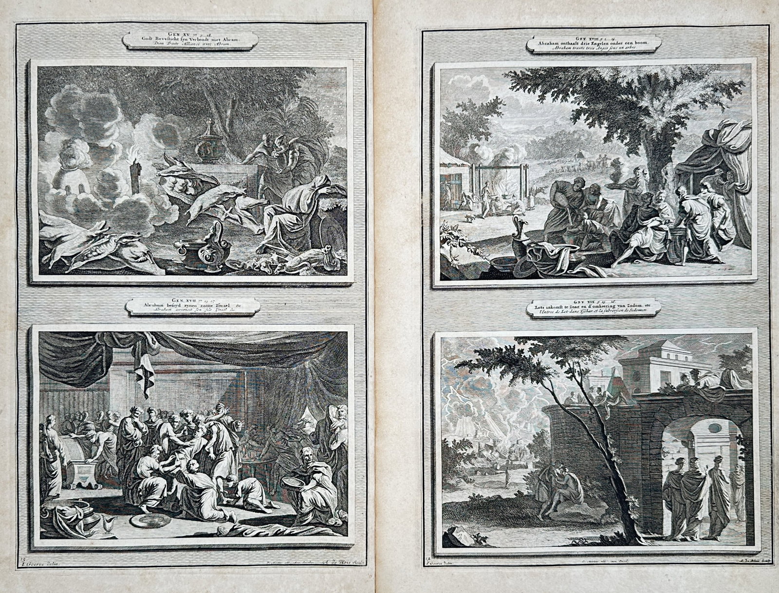 Pieter Mortier – Set 2: Biblical Scenes from the Book of Genesis – Engraving (18th Century): "History of the Old and New Testament" This prints feature a series of four biblical illustrations depicting various patriarchal narratives, covenants, and divine visitations recorded in the Book of G