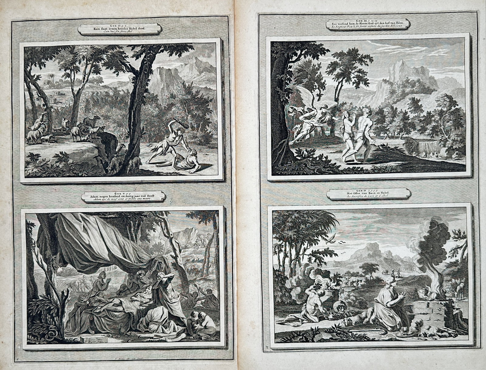 Pieter Mortier – Set of 2: Biblical Scenes of Paradise and Early Humanity – Engravings (18th: "History of the Old and New Testament" This set of prints features a series of four biblical illustrations depicting pivotal events from early humanity including the expulsion from paradise and the na