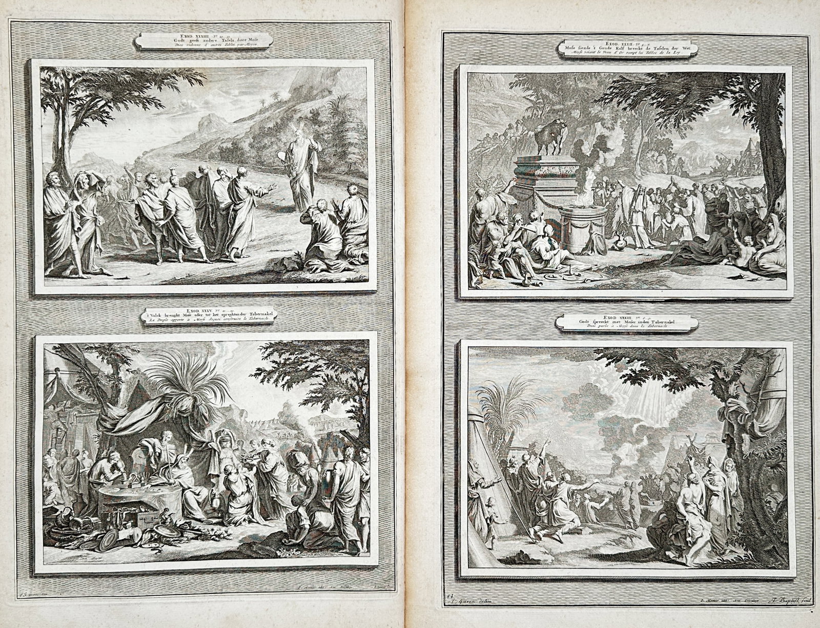 Pieter Mortier – Set of 2: Biblical Scenes of Moses and the Exodus – Engravings (18th Century): "History of the Old and New Testament" This set of prints features a series of four biblical illustrations depicting momentous events from the life of Moses including the presentation of the tablets o