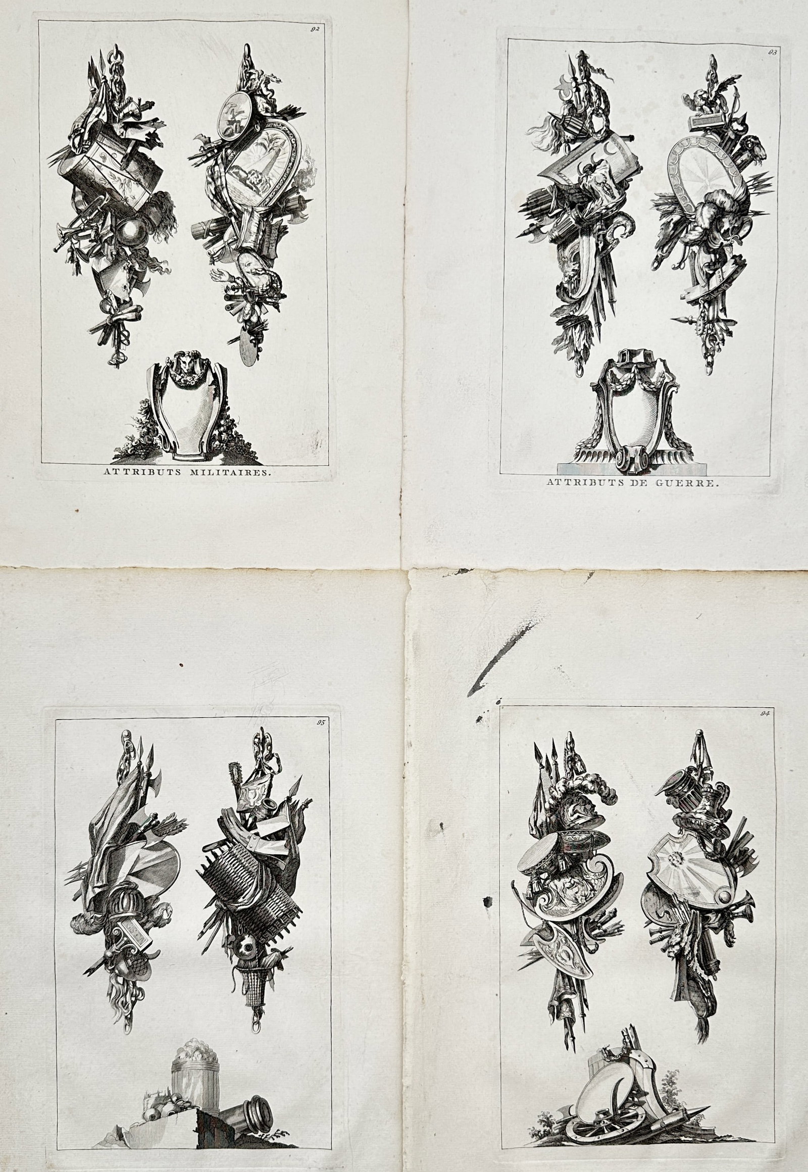 Jean-Charles Delafosse – Set of 4: Architectural Trophy Ornaments of Military Attributes –: "Attributs Militaires" and "Attributs de Guerre" This set of four prints features elaborate neoclassical architectural designs depicting decorative trophies of war and military attributes. The highly 